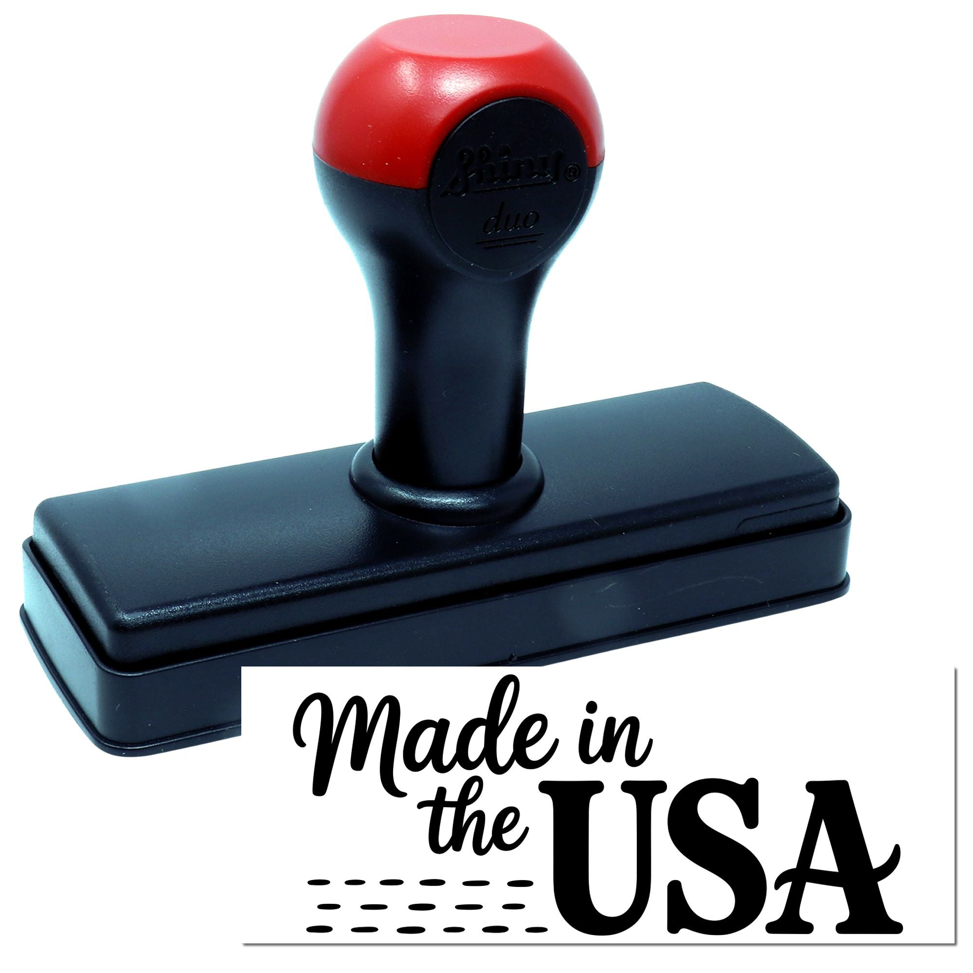 Self-inking rubber stamp with Made in the USA imprint, black and red, ideal for product packaging and branding.