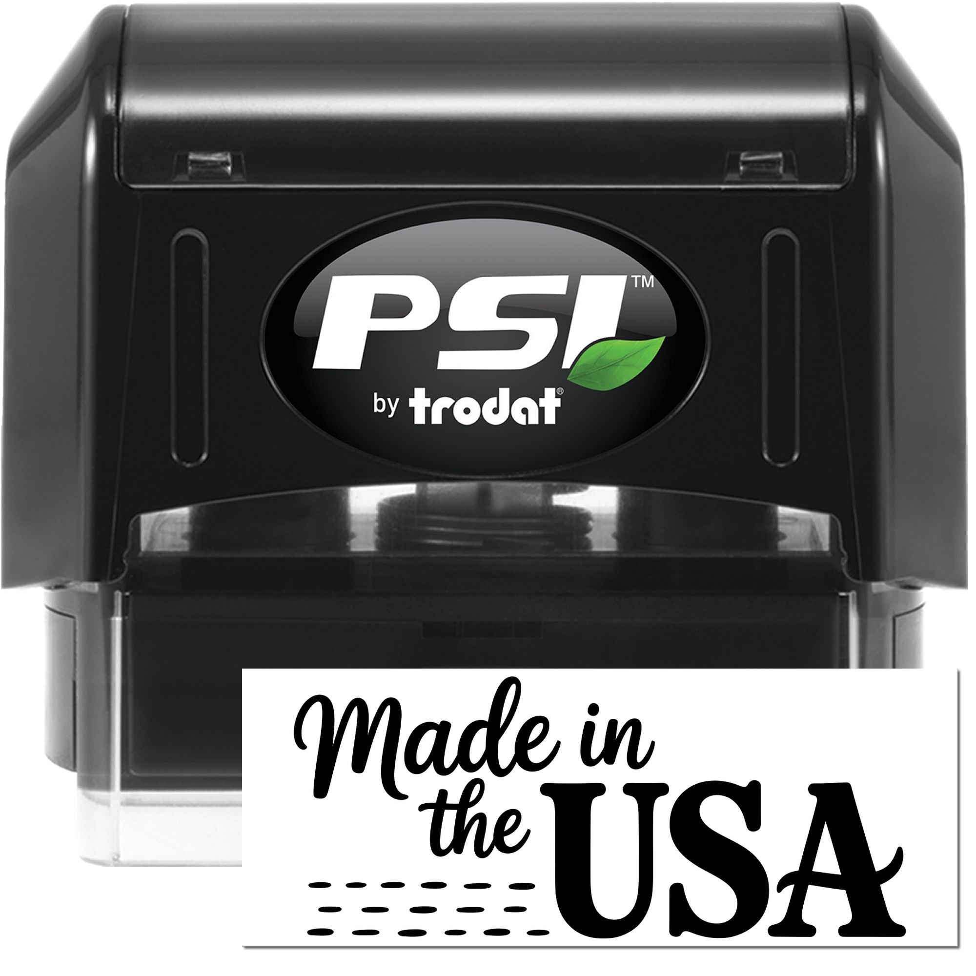 PSI by Trodat self-inking rubber stamp for making Made in the USA marks on packaging and products.