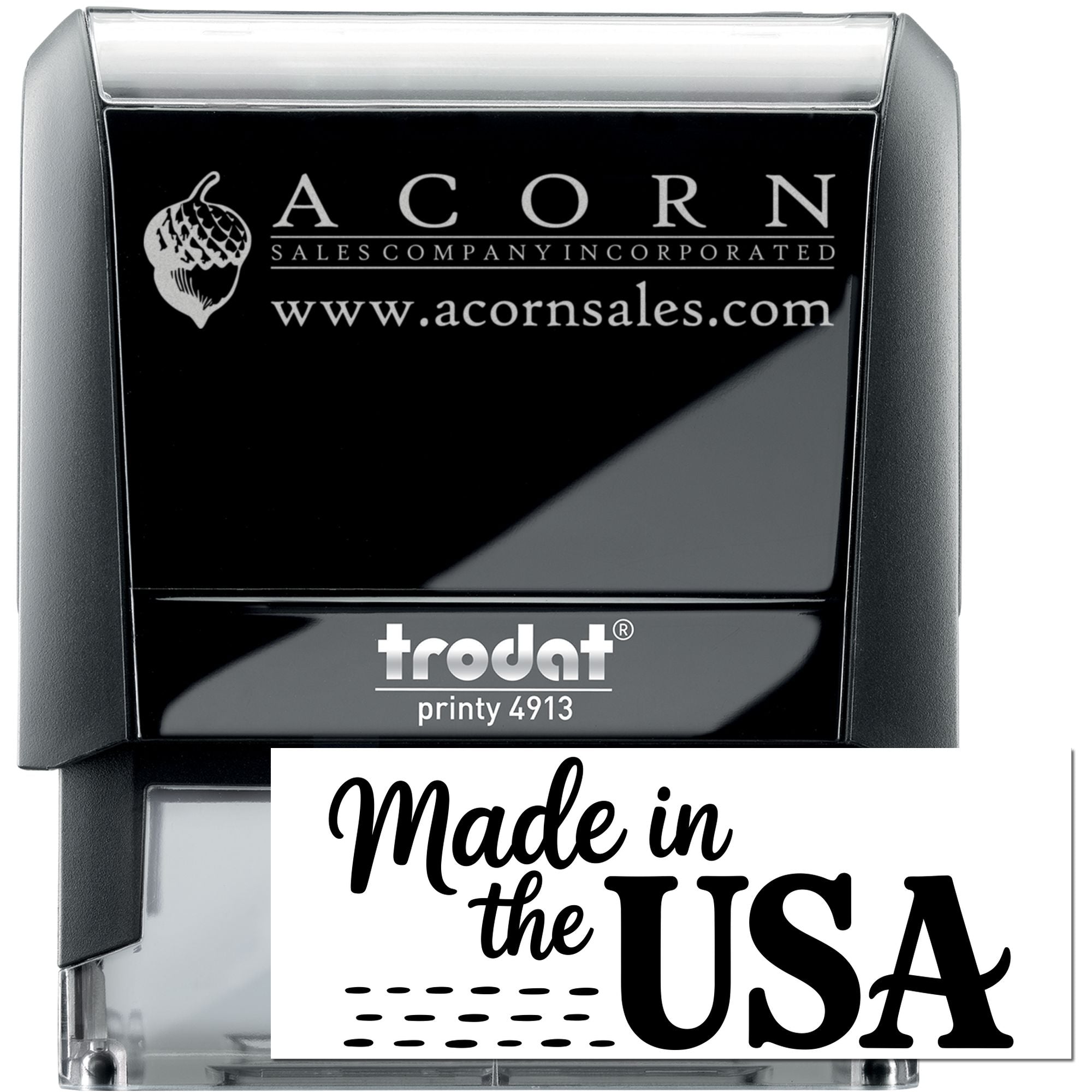 Custom self-inking rubber stamp with Acorn Sales Company logo, website, Trodat Printy 4913, and Made in the USA design.