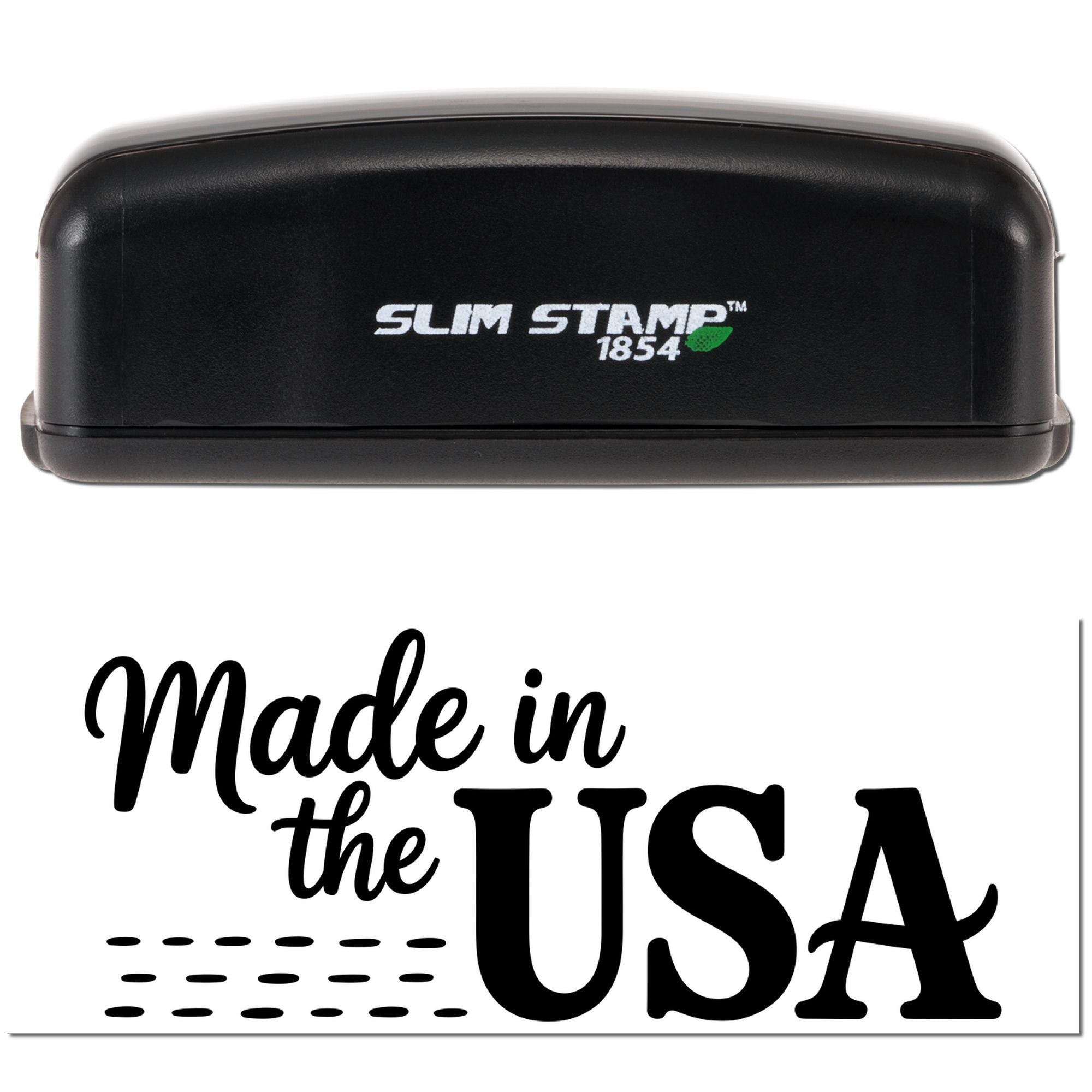 Slim Stamp 1854 self-inking rubber stamp with Made in the USA imprint for product branding and packaging.