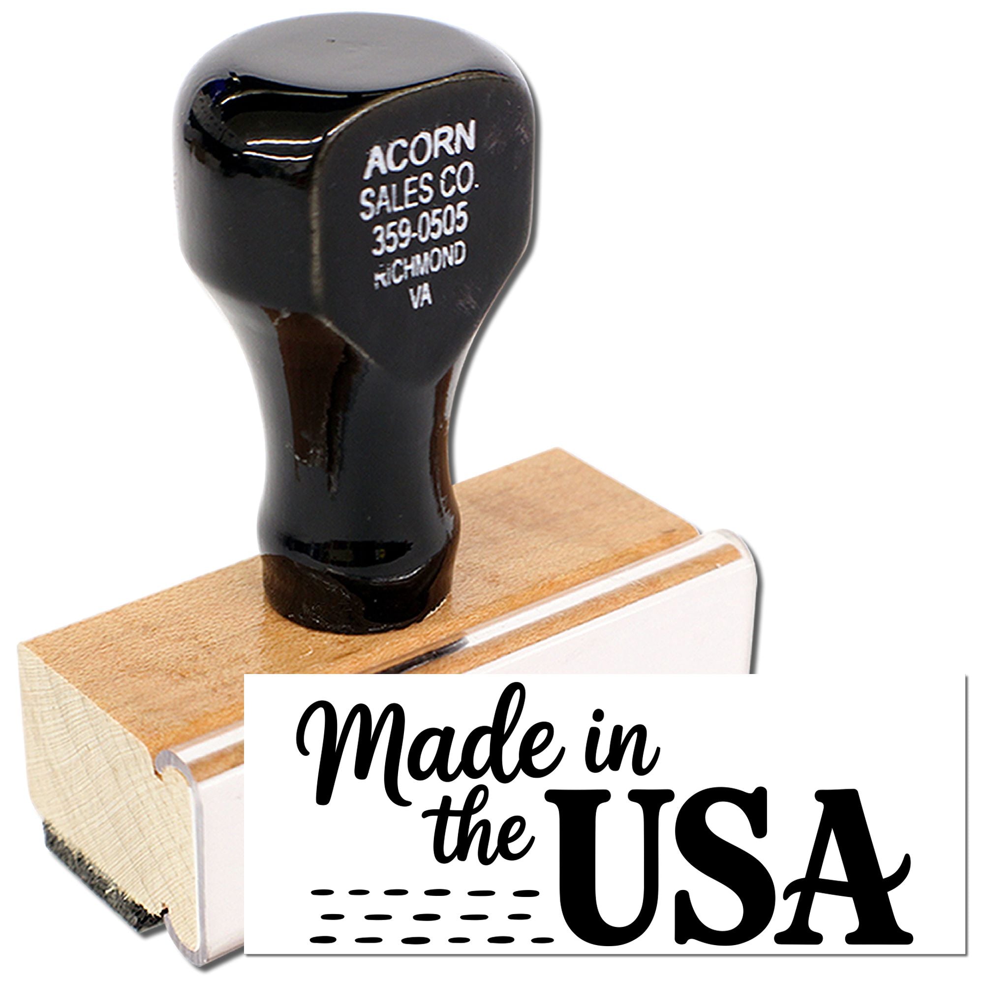 Custom wood-handle rubber stamp with Made in the USA imprint for product branding and packaging.