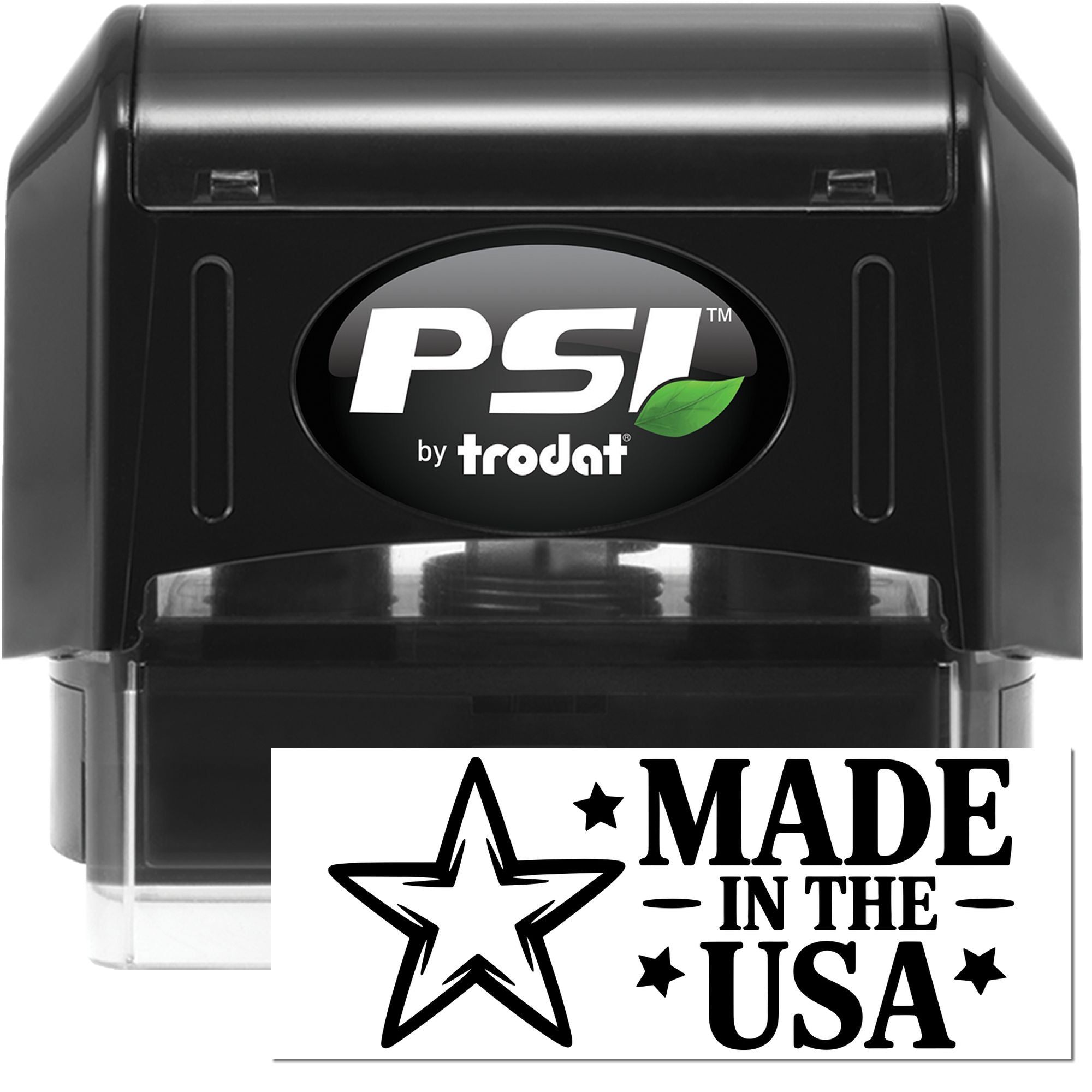 PSI by Trodat self-inking rubber stamp with Made in the USA imprint, ideal for custom business packaging and branding.