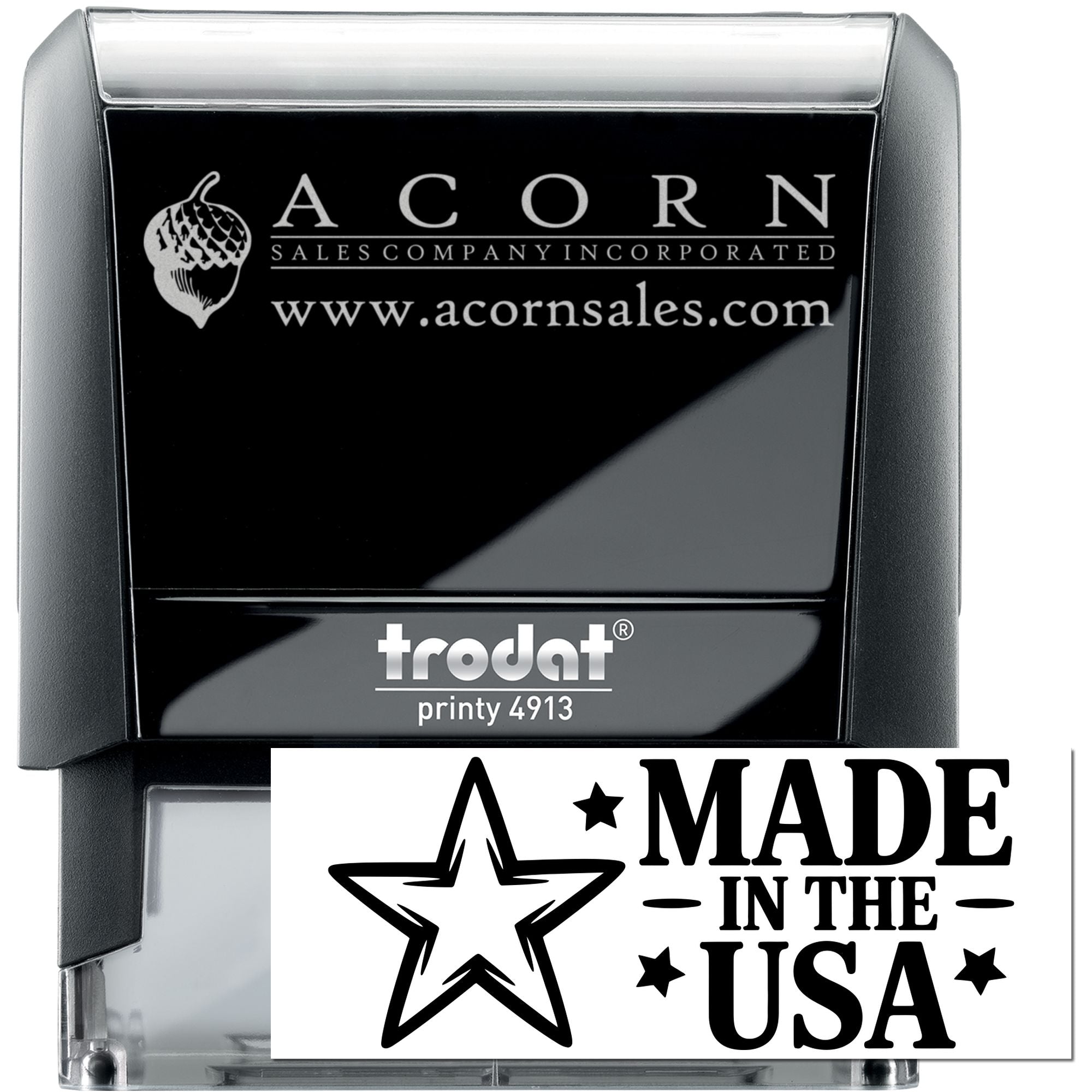 Custom logo self-inking rubber stamp for Acorn Sales Company, Trodat Printy 4913, with Made in the USA graphic.