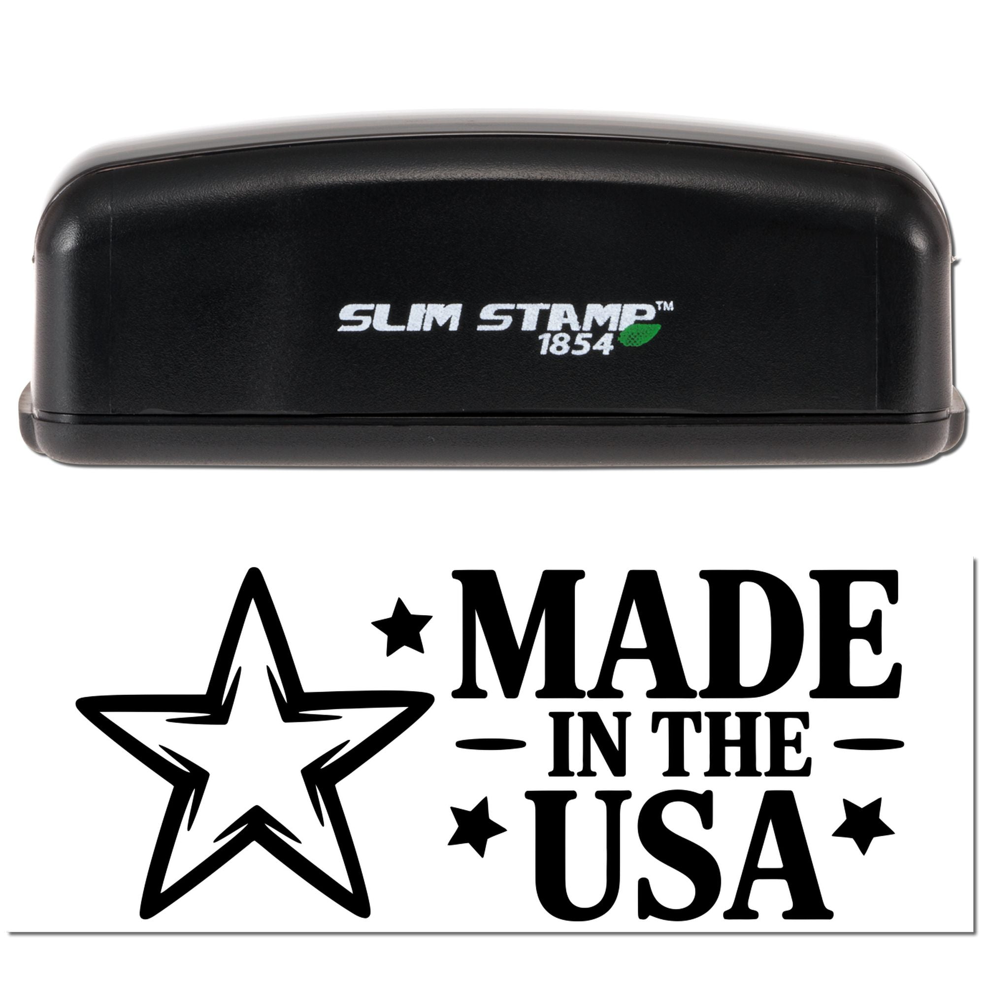 Slim Stamp 1854 self-inking rubber stamp with Made in the USA star design for patriotic product marking.