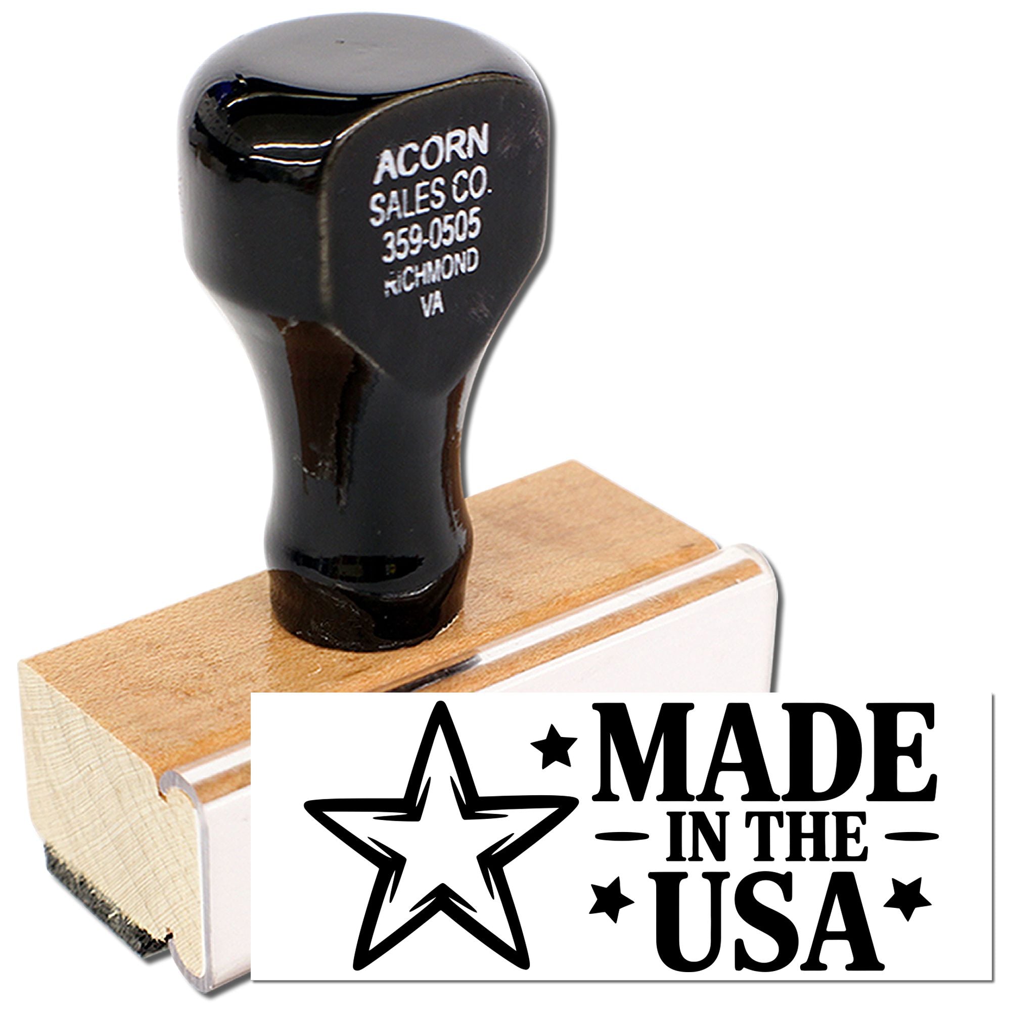 Custom wooden rubber stamp with business address imprint and Made in the USA design for branding and packaging.