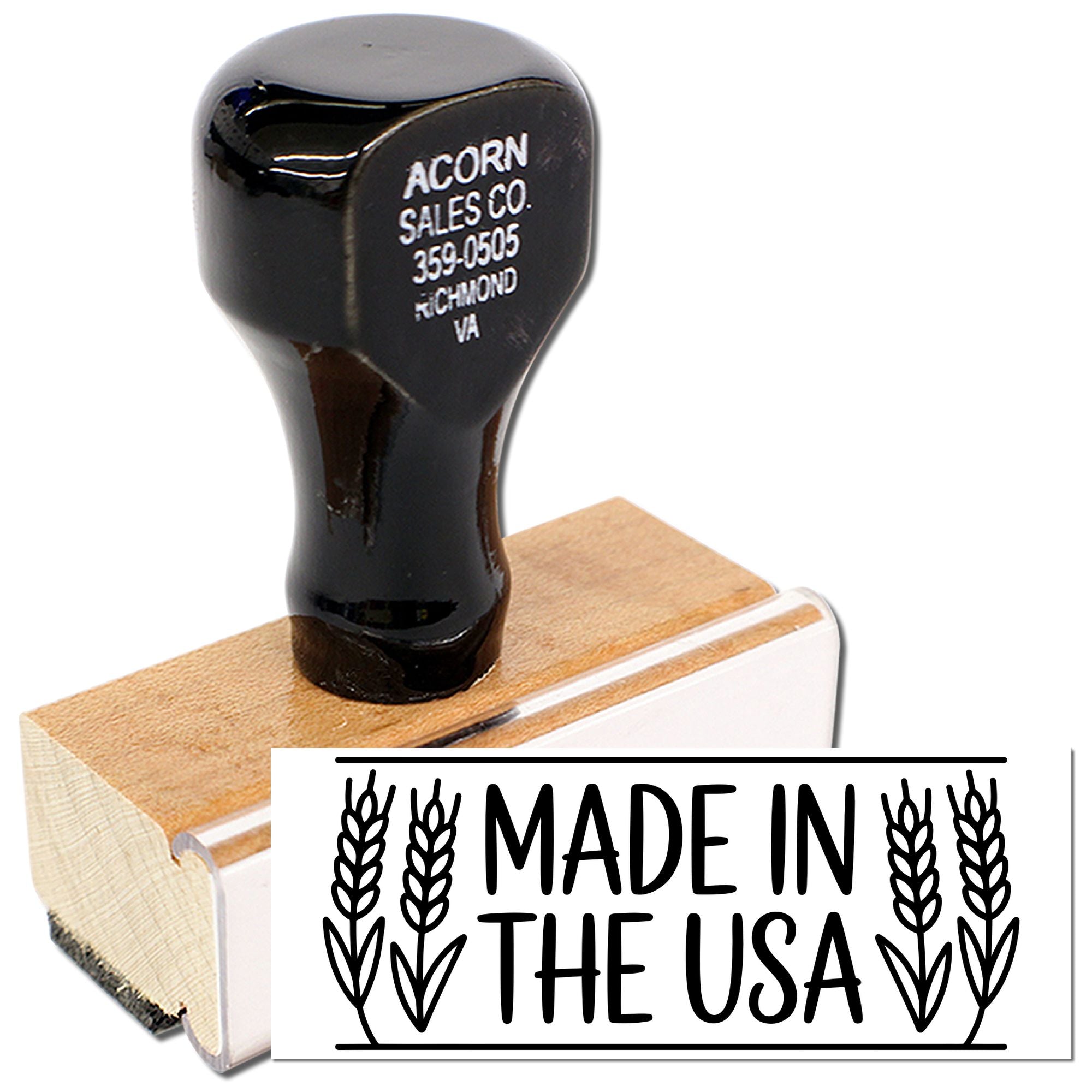 Made in the USA rubber stamp with wooden handle for branding packaging and handmade products.