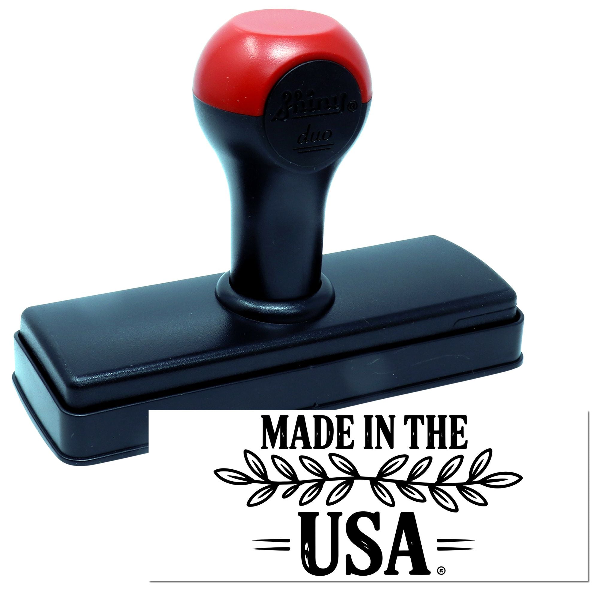 Self-inking rubber stamp with Made in the USA design, ideal for patriotic product labeling and custom branding.