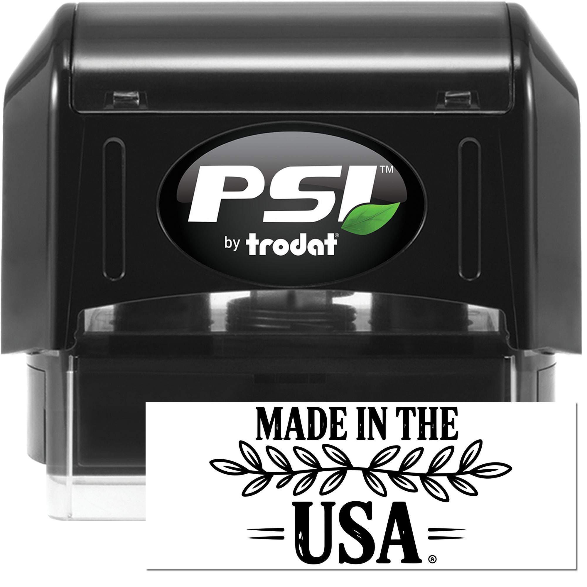 PSI by Trodat self-inking rubber stamp with custom Made in the USA imprint for branding, packaging, and product marking.