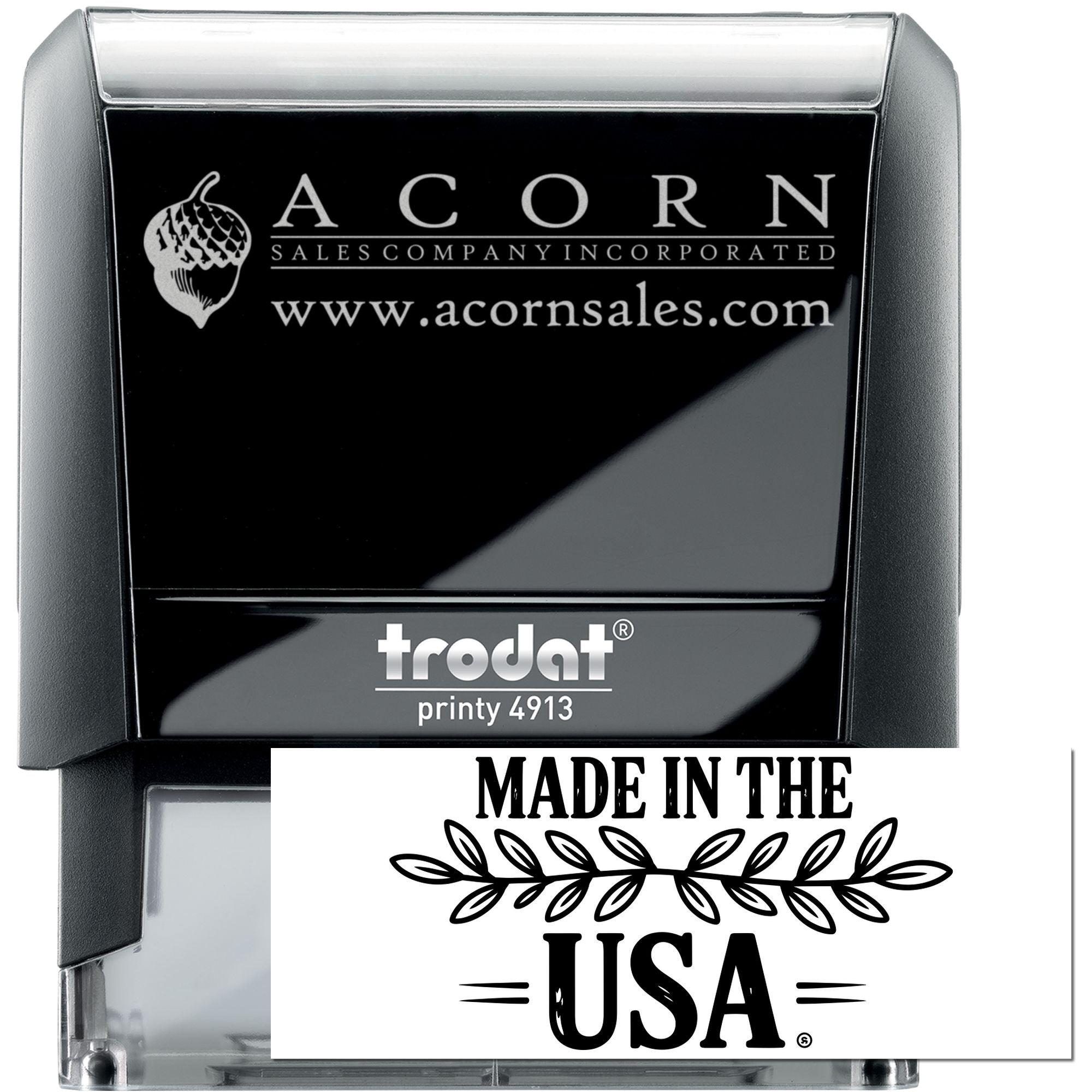 Custom self-inking rubber stamp with Acorn Sales logo and Trodat Printy 4913, plus Made in USA design.