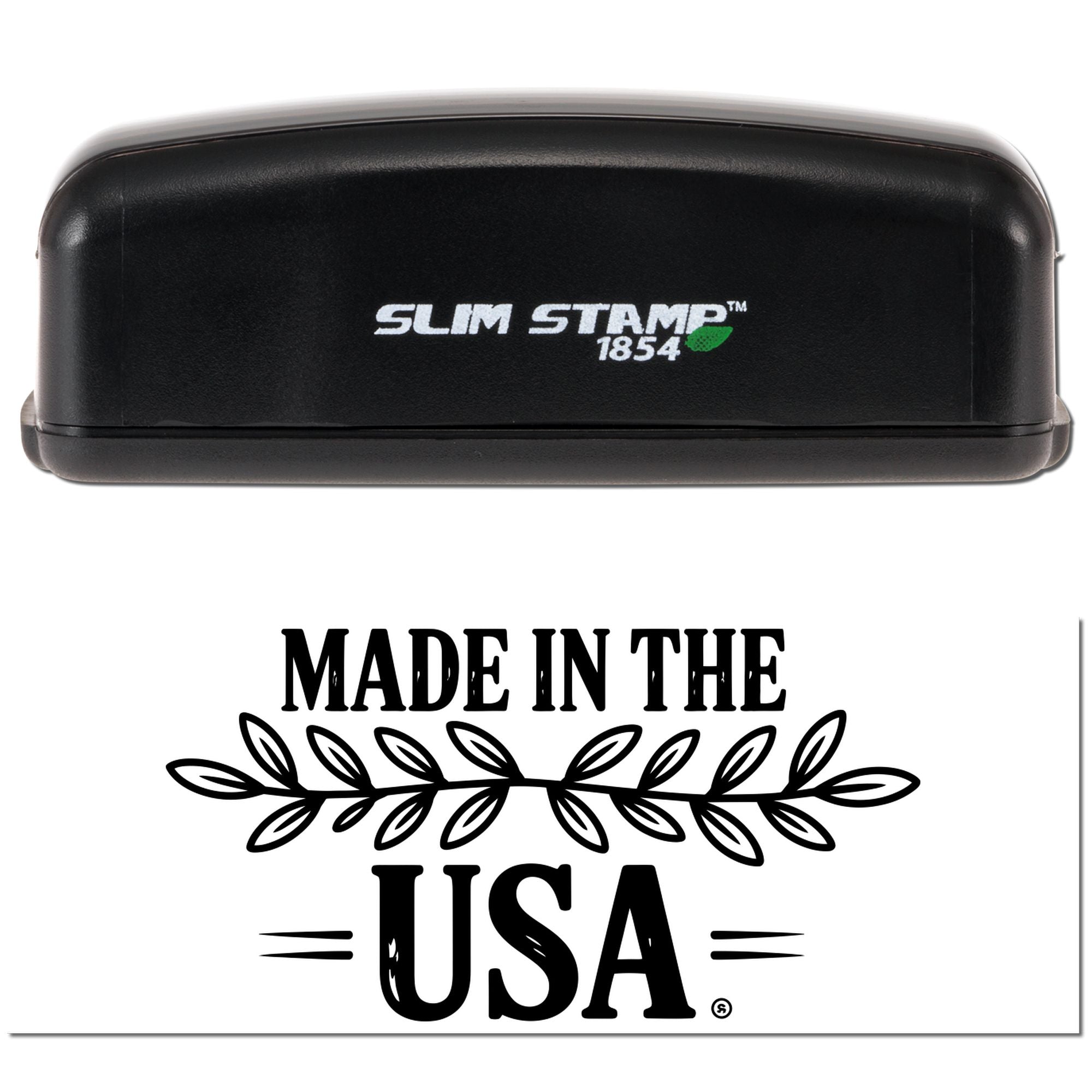 Slim Stamp 1854 custom rubber stamp with Made in the USA leaf design for product labeling and branding.