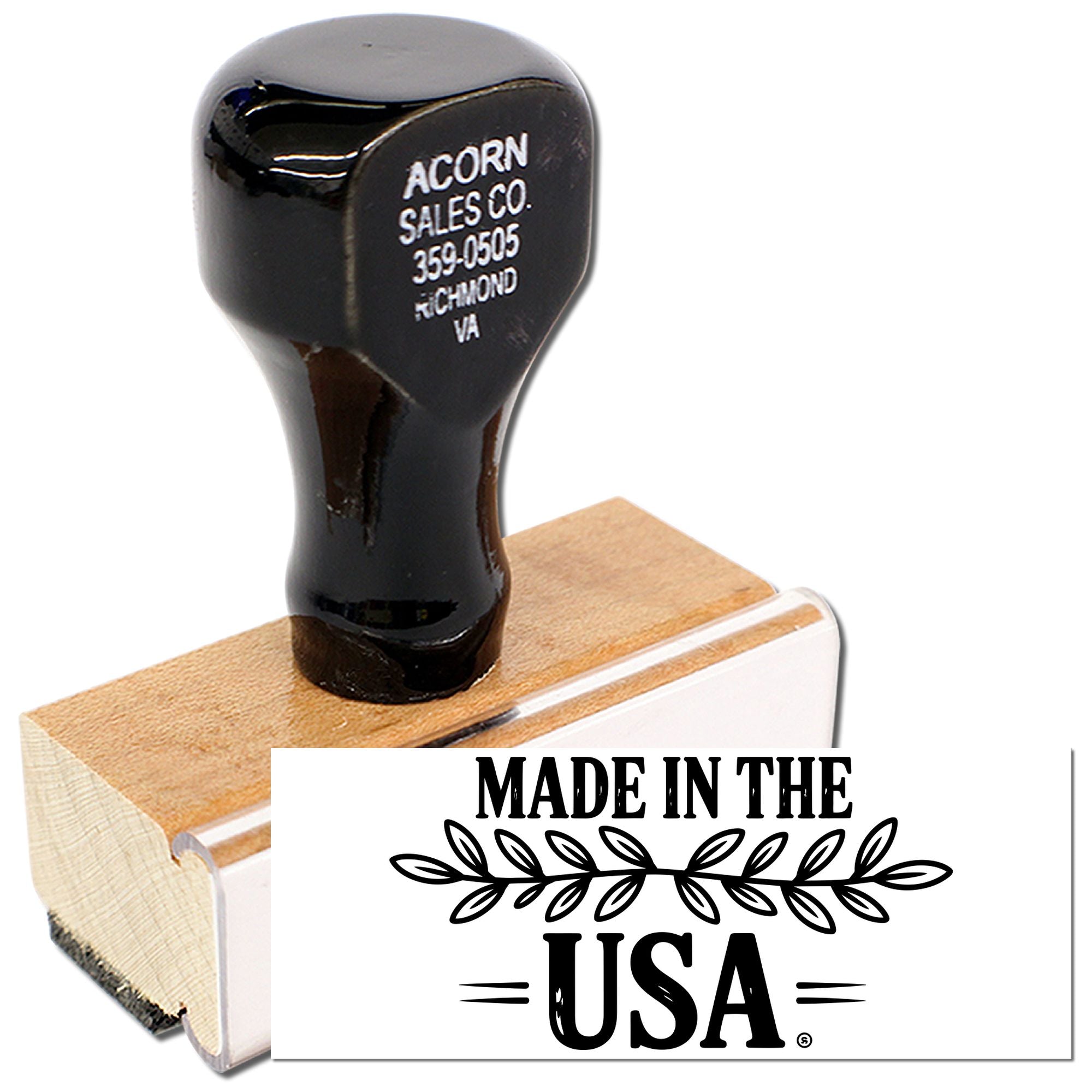 Custom Made in the USA rubber stamp with wood handle for handmade product packaging and patriotic branding.