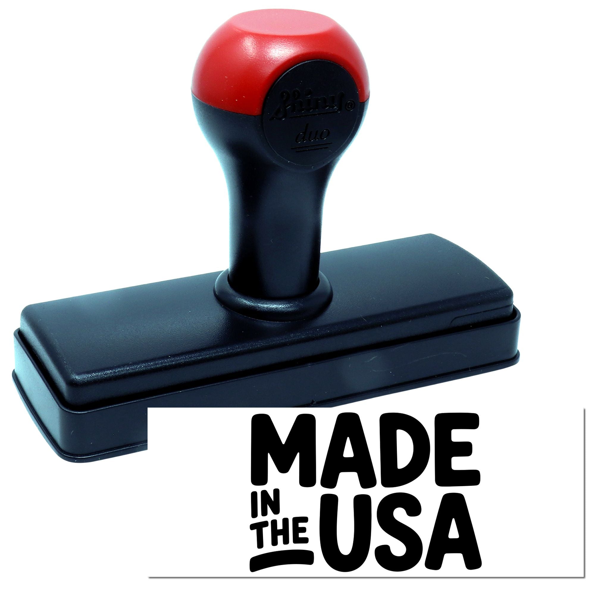 Self-inking rubber stamp with Made in the USA imprint for product labeling and branding.