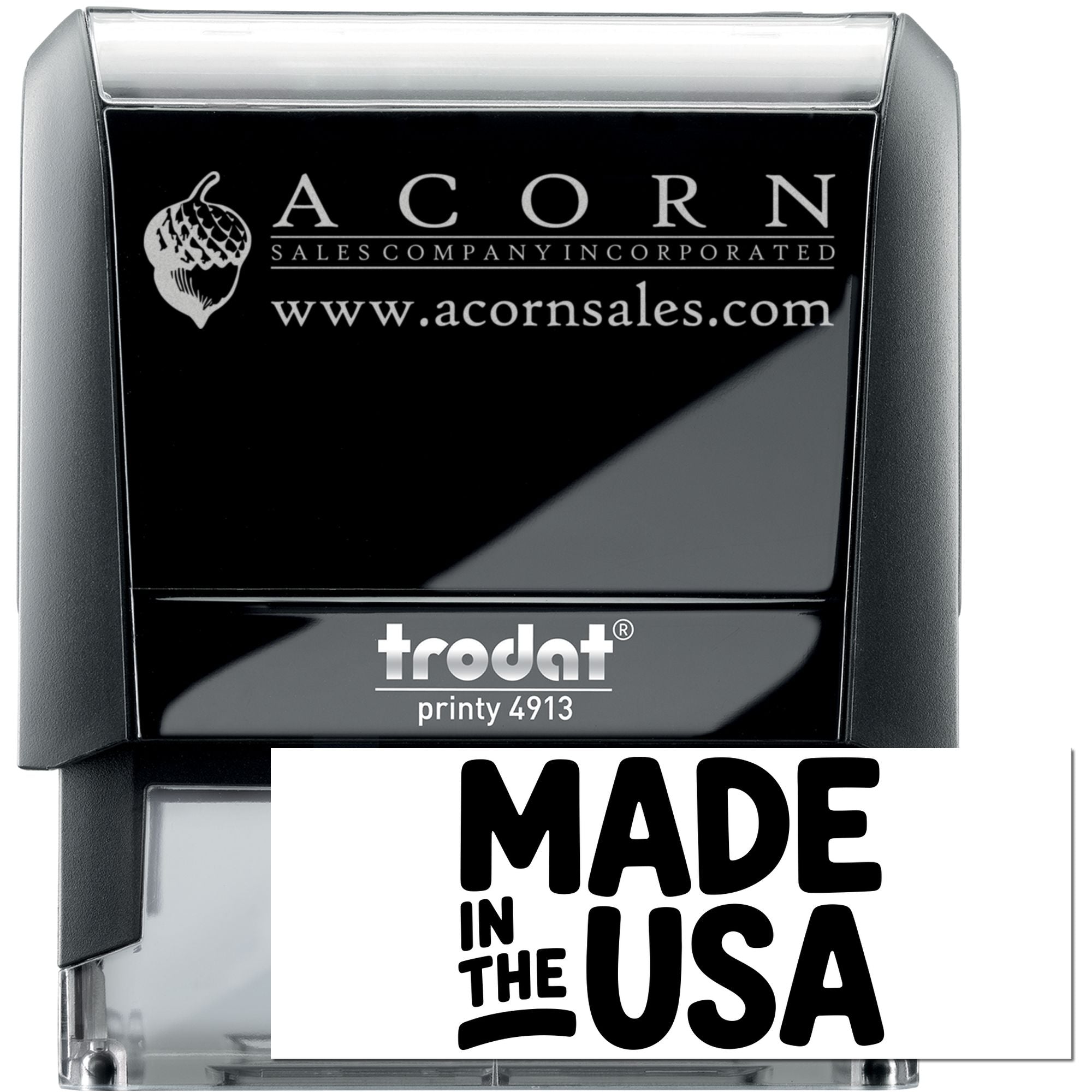Custom business logo rubber stamp on Trodat Printy 4913 self-inking stamp with Acorn Sales website, Made in the USA.