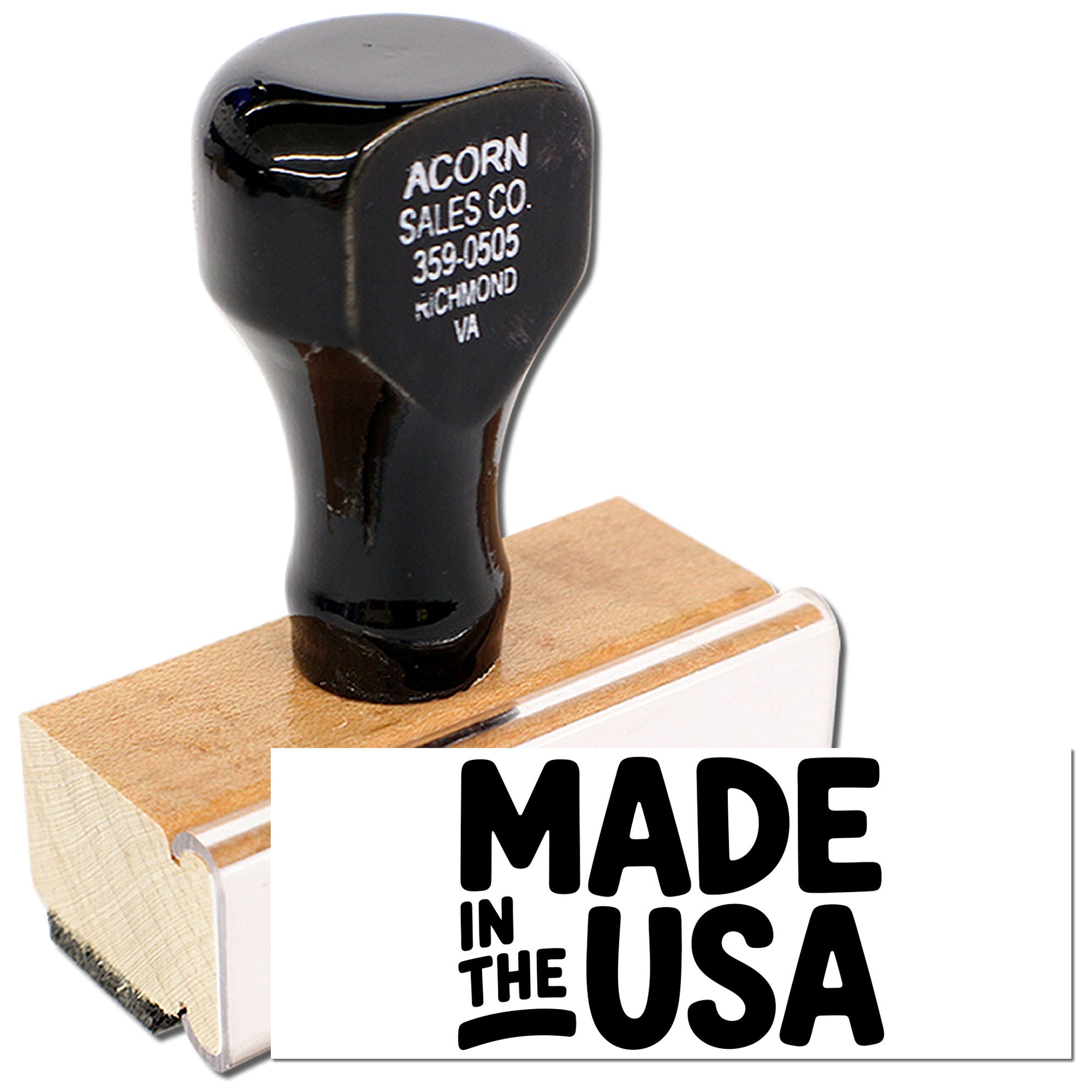 Custom rubber stamp with Made in the USA imprint for branding packaging and products.