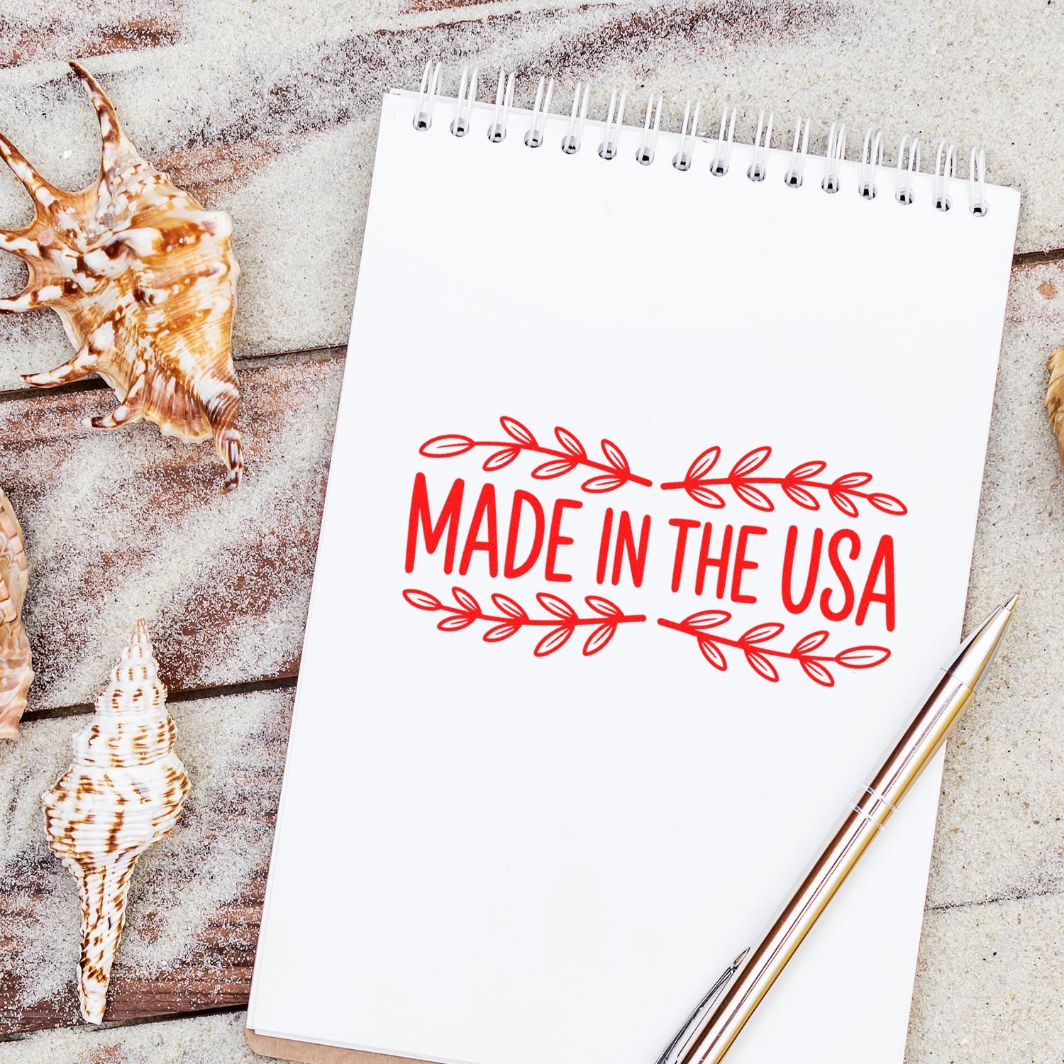 Made in the USA rubber stamp design on notebook, perfect for handmade packaging, patriotic branding, and small business products.