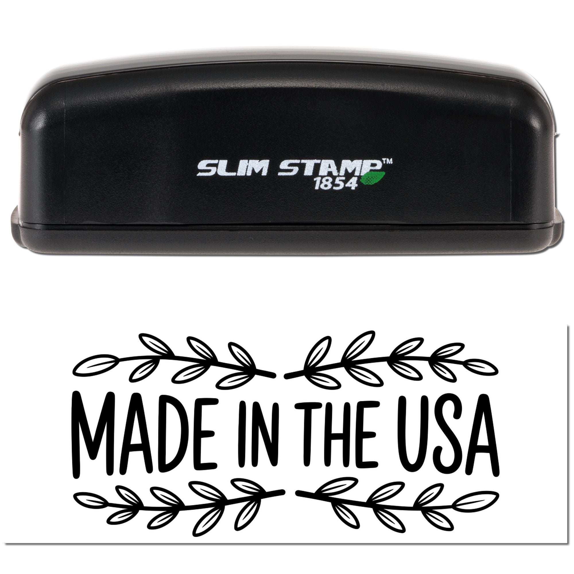 Slim Stamp 1854 self-inking rubber stamp with Made in the USA leaf border for custom product branding.
