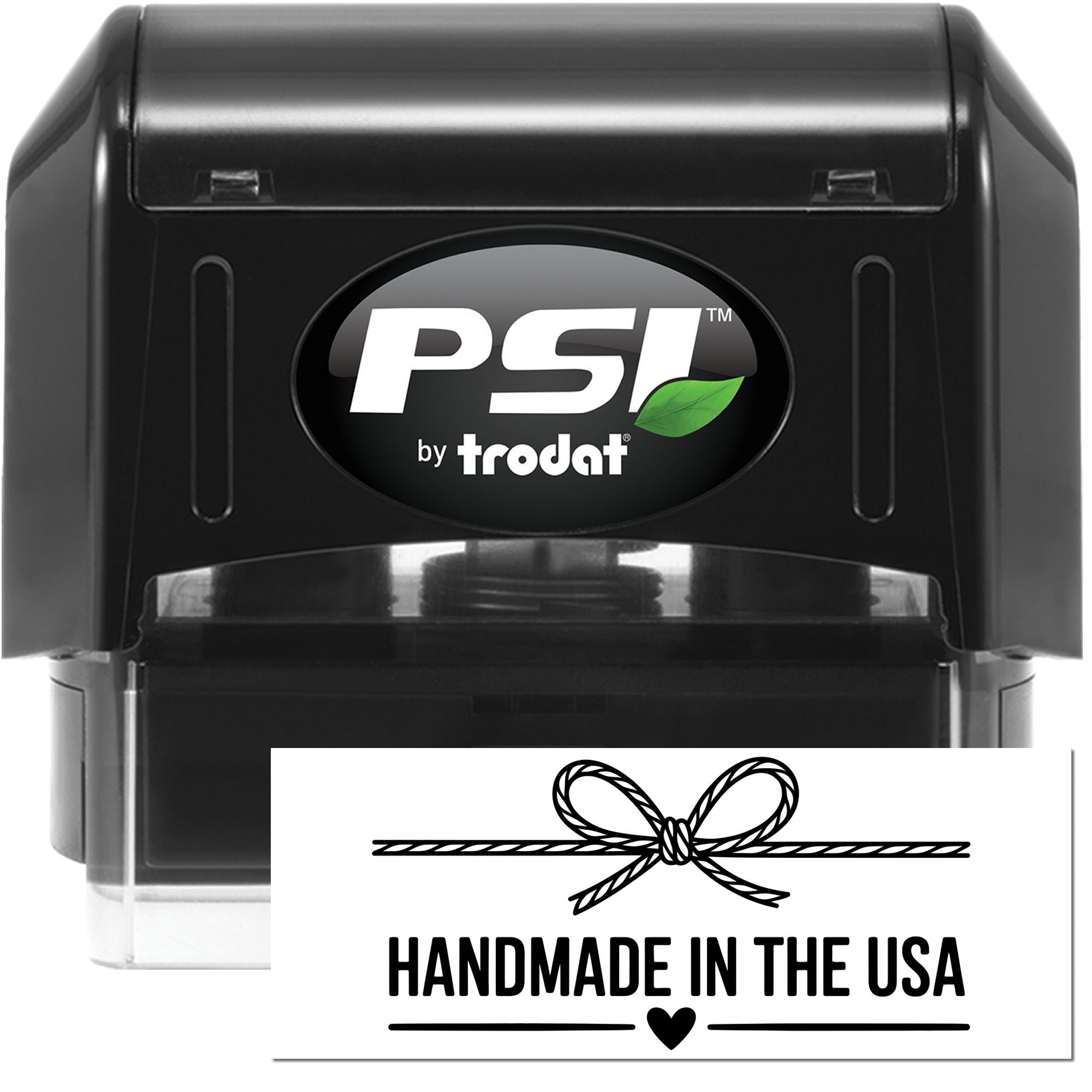 PSI by Trodat self-inking rubber stamp with Handmade in the USA design for product labeling and craft packaging.