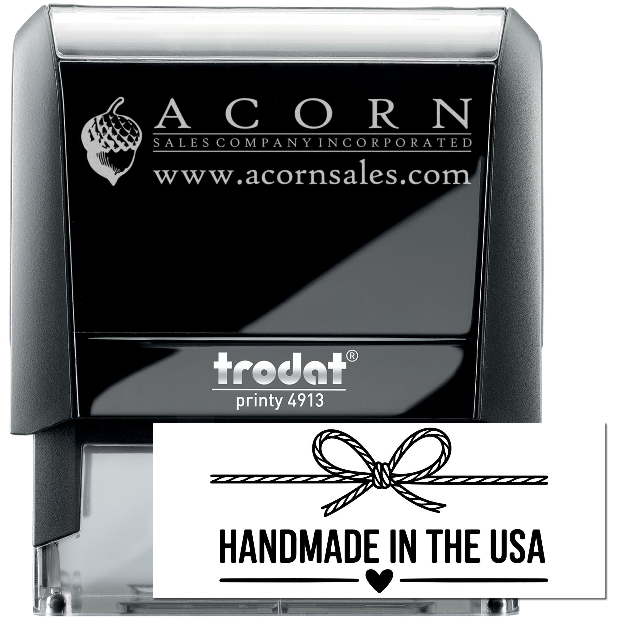 Custom self-inking rubber stamp with Acorn Sales Company logo and Handmade in the USA imprint, Trodat Printy 4913.
