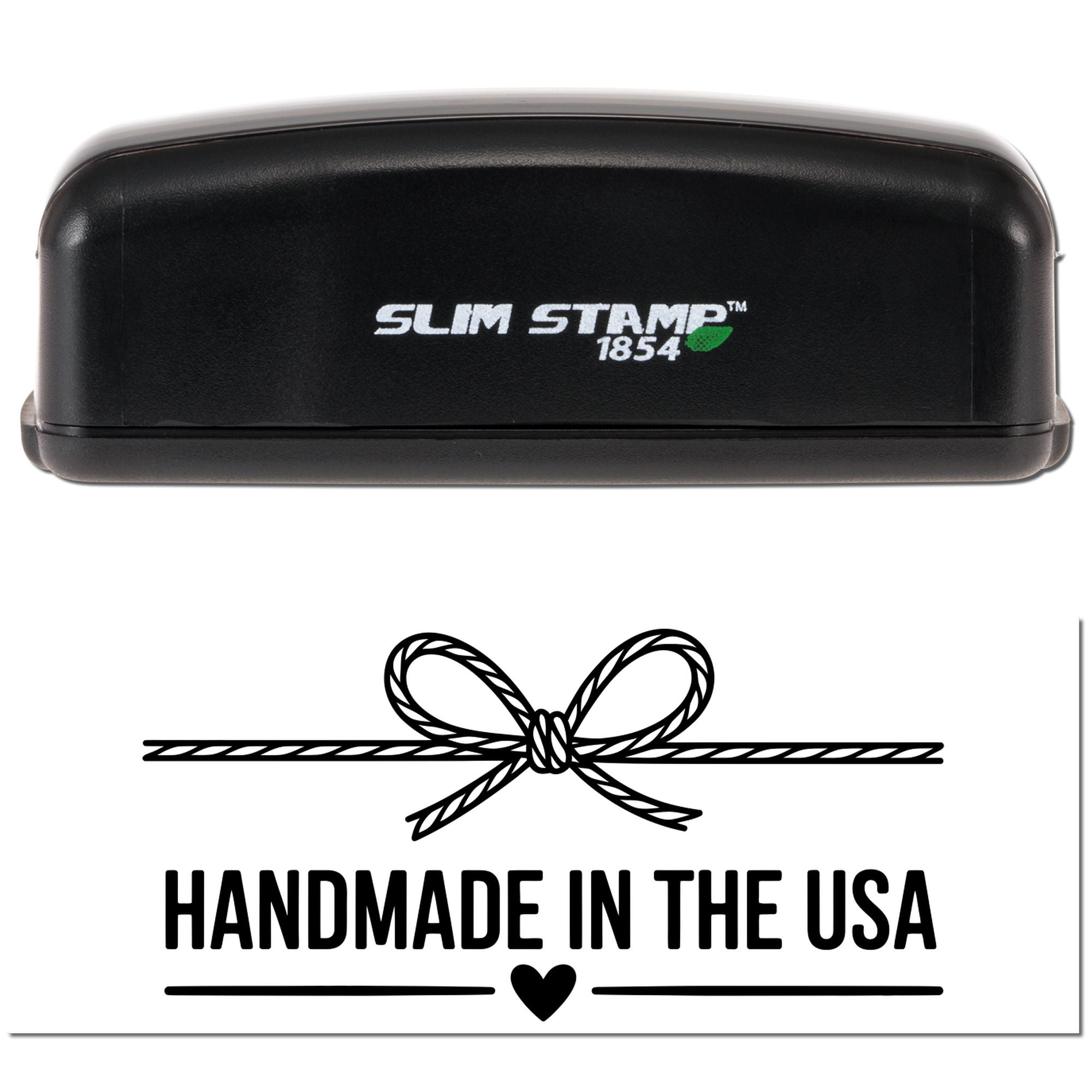 Slim Stamp 1854 rubber stamp with Handmade in the USA design, featuring a rope bow and heart.