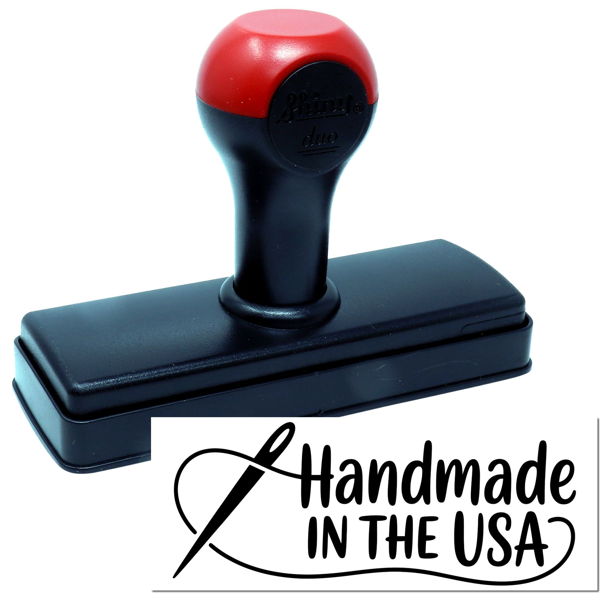 Self-inking rubber stamp featuring Handmade in the USA for custom product labels and craft packaging.