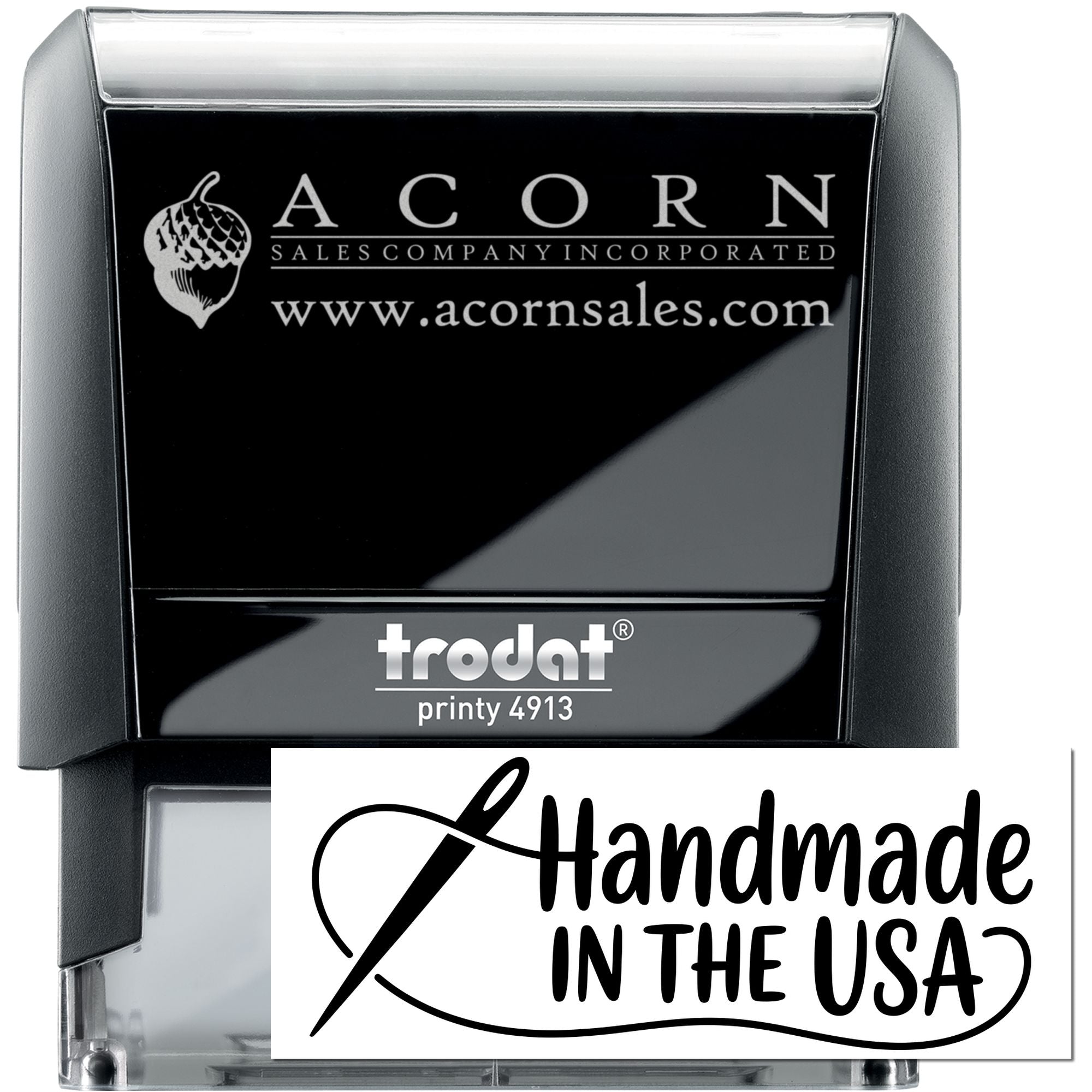 Trodat Printy custom self-inking rubber stamp with Acorn Sales logo and Handmade in the USA design