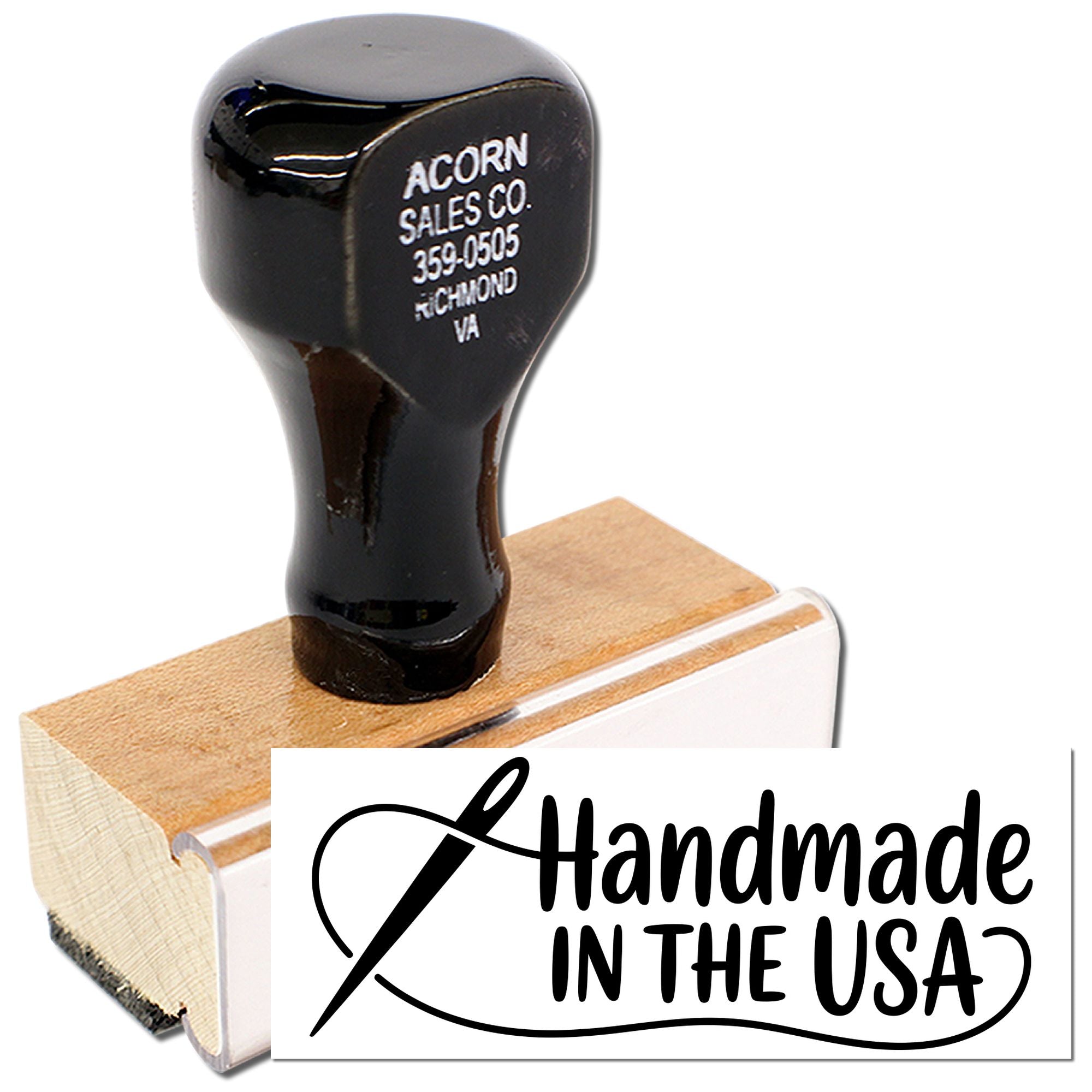Handmade in the USA rubber stamp on wood block, ideal for custom product packaging and branding.