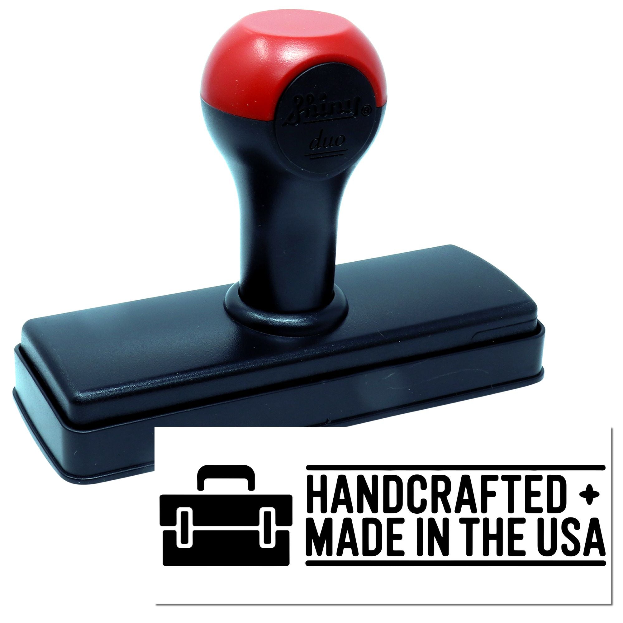 Self-inking rubber stamp featuring handcrafted made in the USA imprint for handmade product packaging.