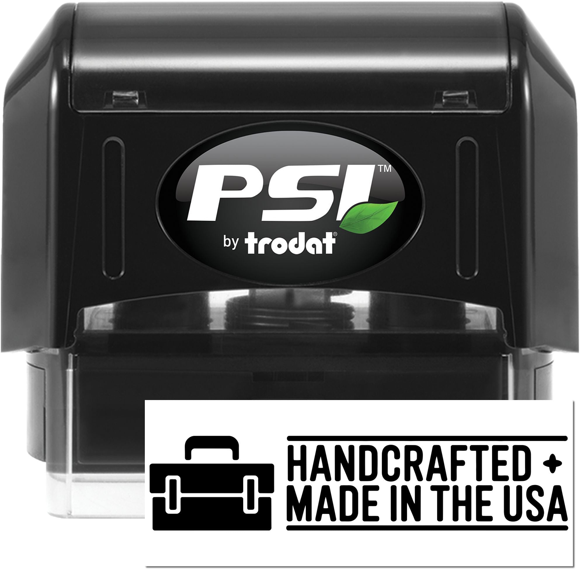PSI by Trodat self-inking rubber stamp with Handcrafted Made in the USA imprint for custom branding and product labeling.