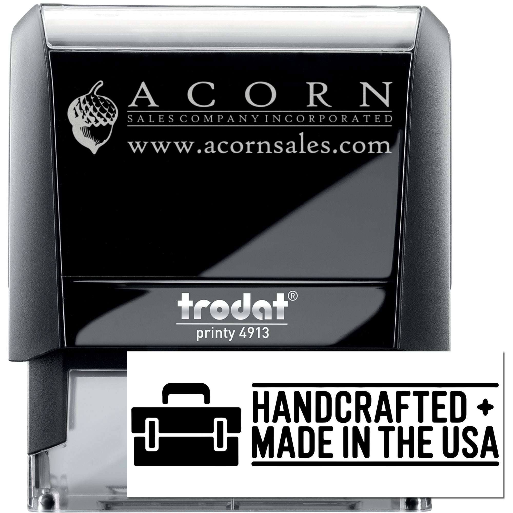 Custom self-inking rubber stamp with Acorn Sales Company logo, website, and Handcrafted Made in the USA design, Trodat Printy 4913