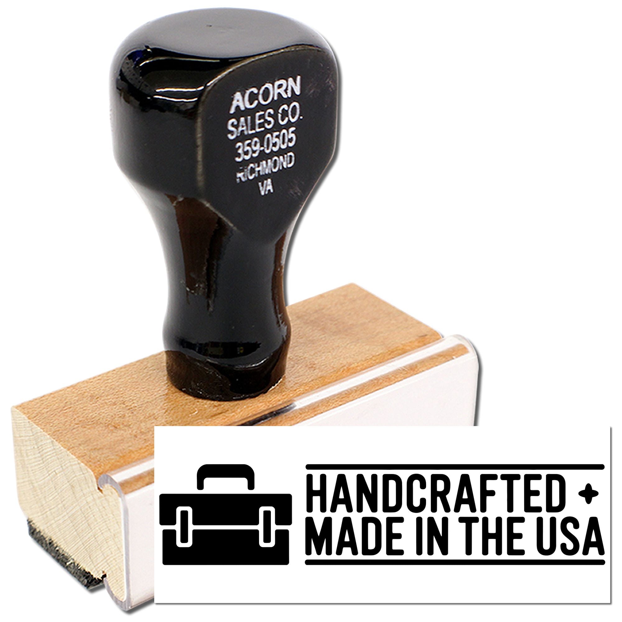 Custom logo rubber stamp for handcrafted made in the USA branding, ideal for product packaging and handmade business use.