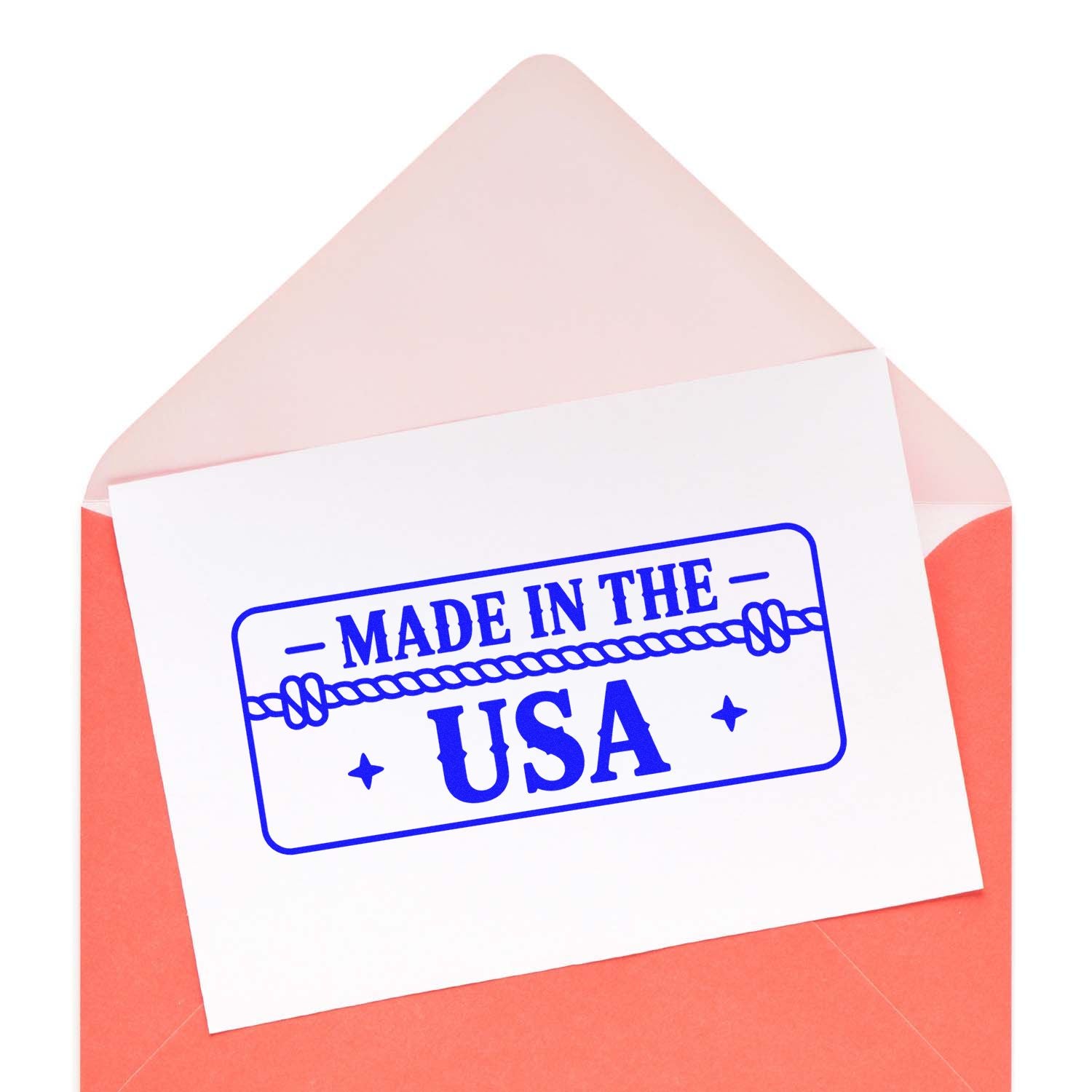 Made in the USA rubber stamp on card inside envelope, ideal for patriotic packaging and handmade product branding.