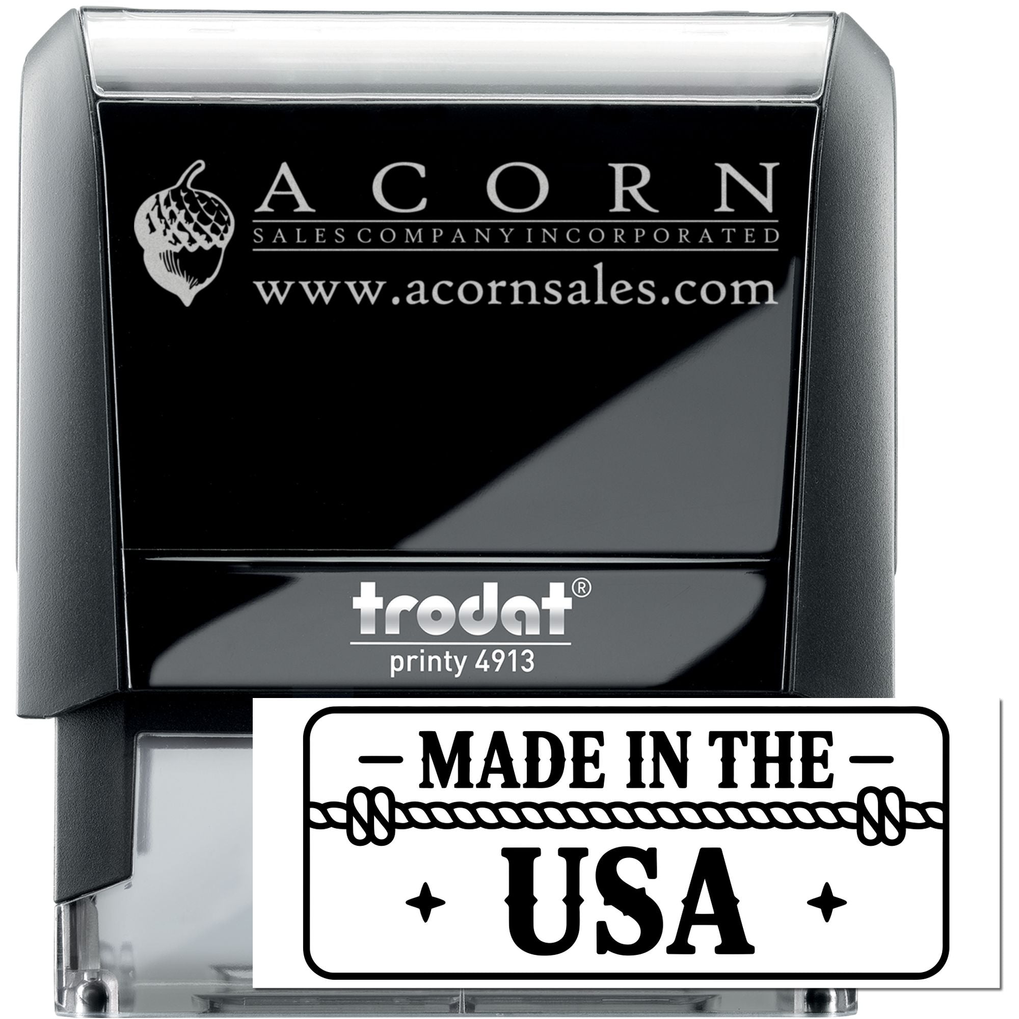 Custom self-inking rubber stamp with Acorn Sales Company logo and Made in the USA imprint, Trodat Printy 4913 style.