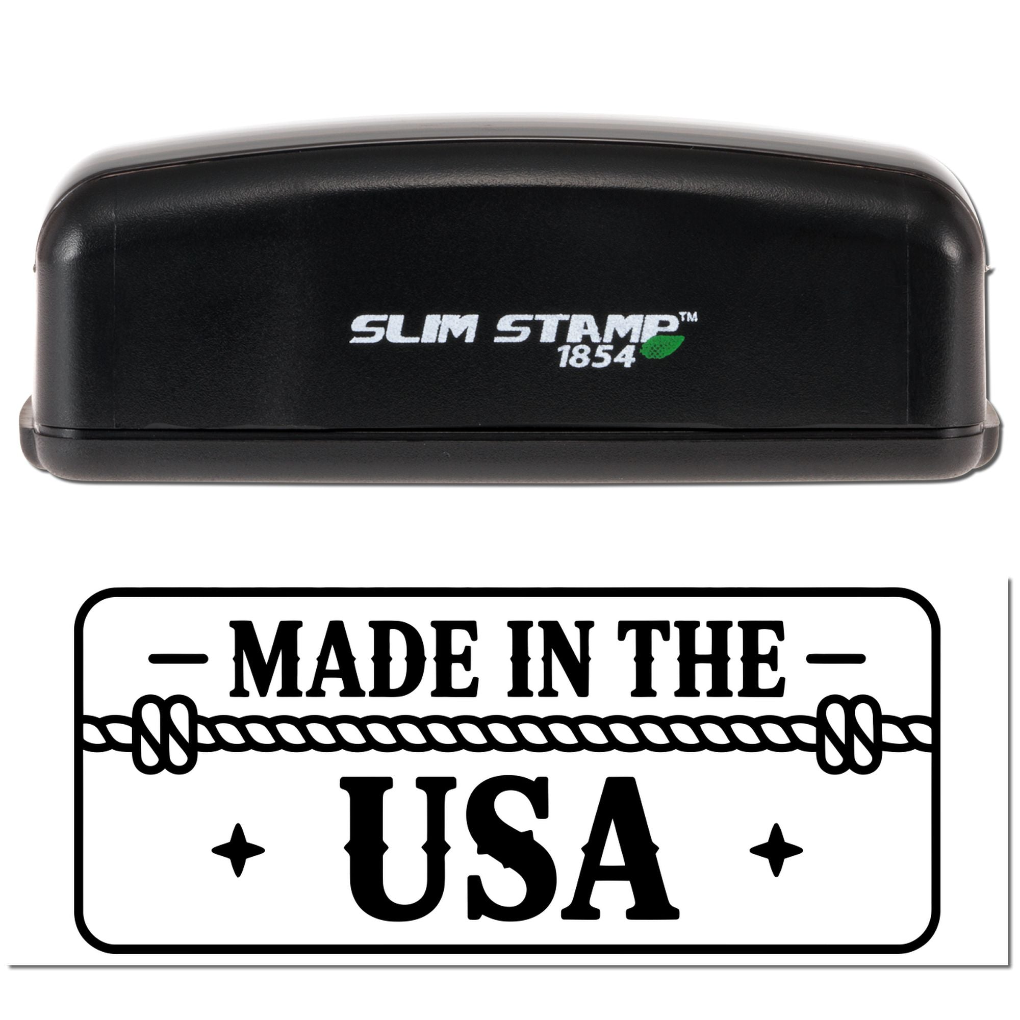 Slim Stamp 1854 self-inking rubber stamp with Made in the USA logo for product branding and packaging.