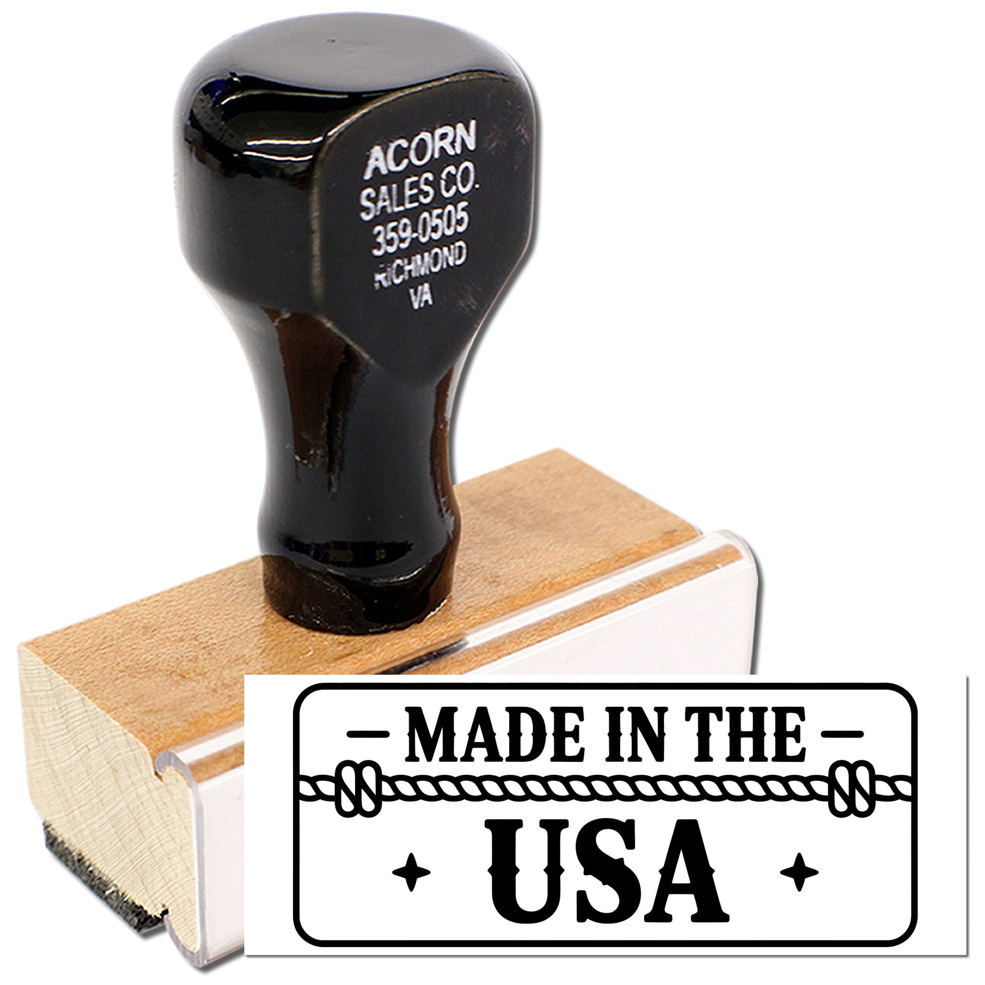 Made in the USA rubber stamp with wooden handle for marking handcrafted products, packaging, and branded items.