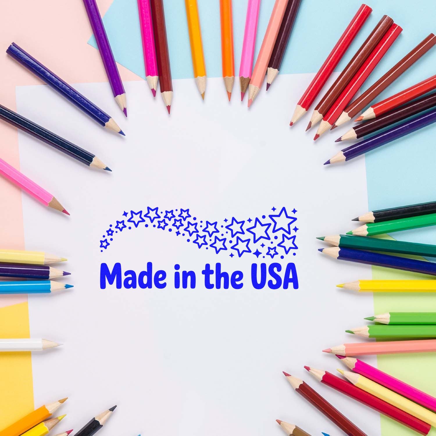 Made in the USA rubber stamp design with stars, shown with colorful pencils for craft, school, and packaging projects.