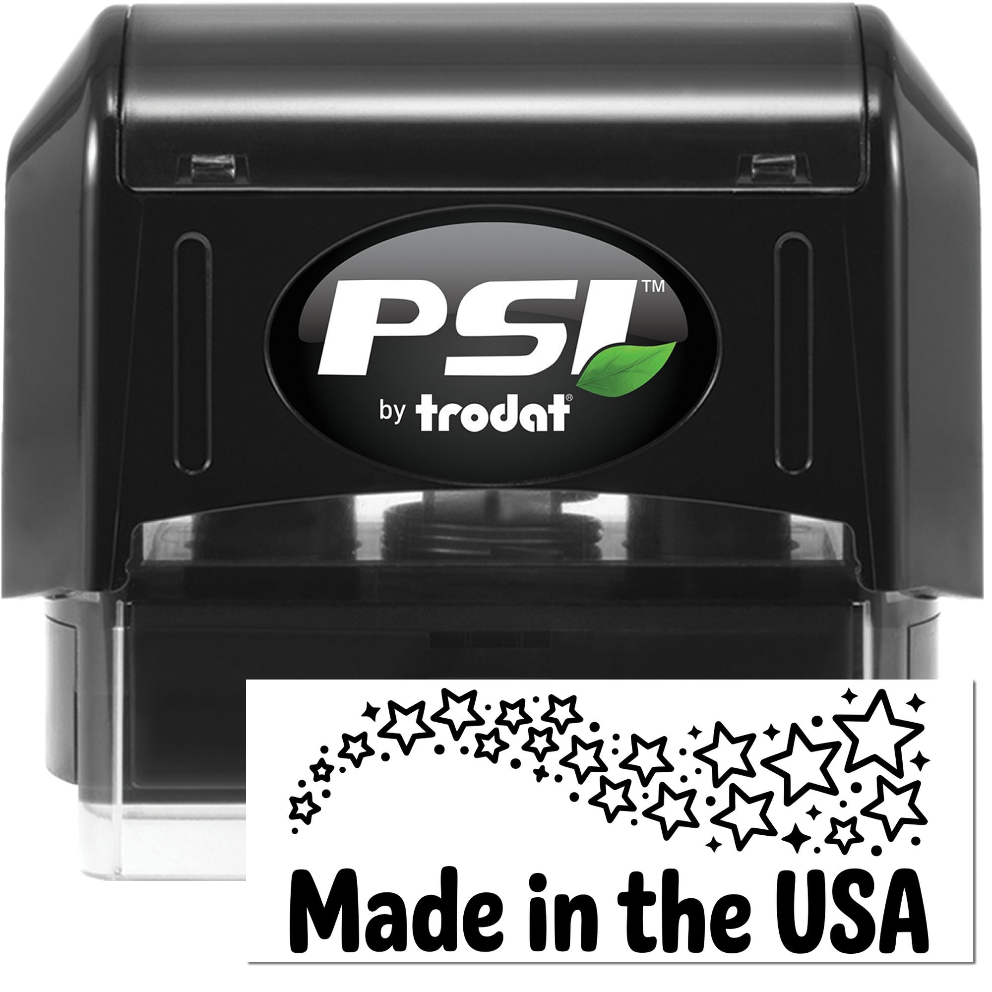 PSI by Trodat self-inking rubber stamp for Made in the USA labeling, with bold star border custom imprint.