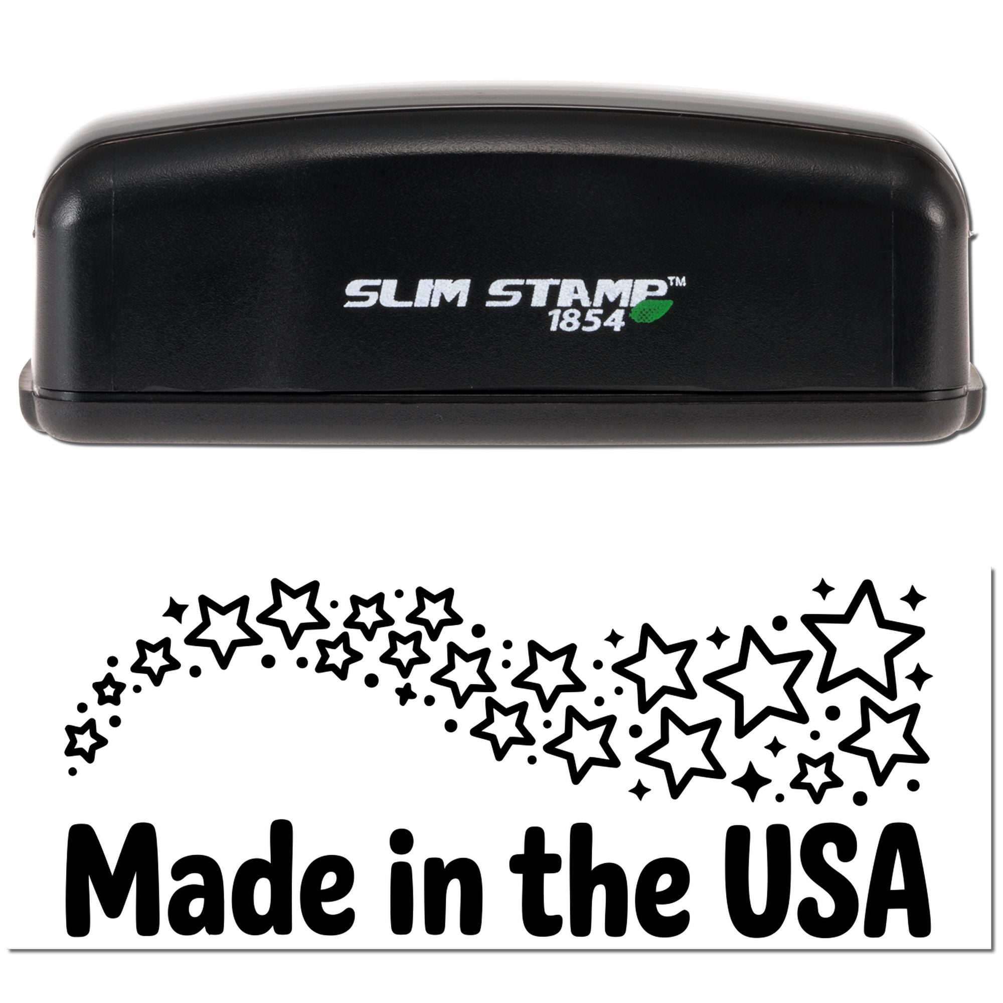 Custom rubber stamp featuring Made in the USA text and star design, shown with Slim Stamp self-inking case.