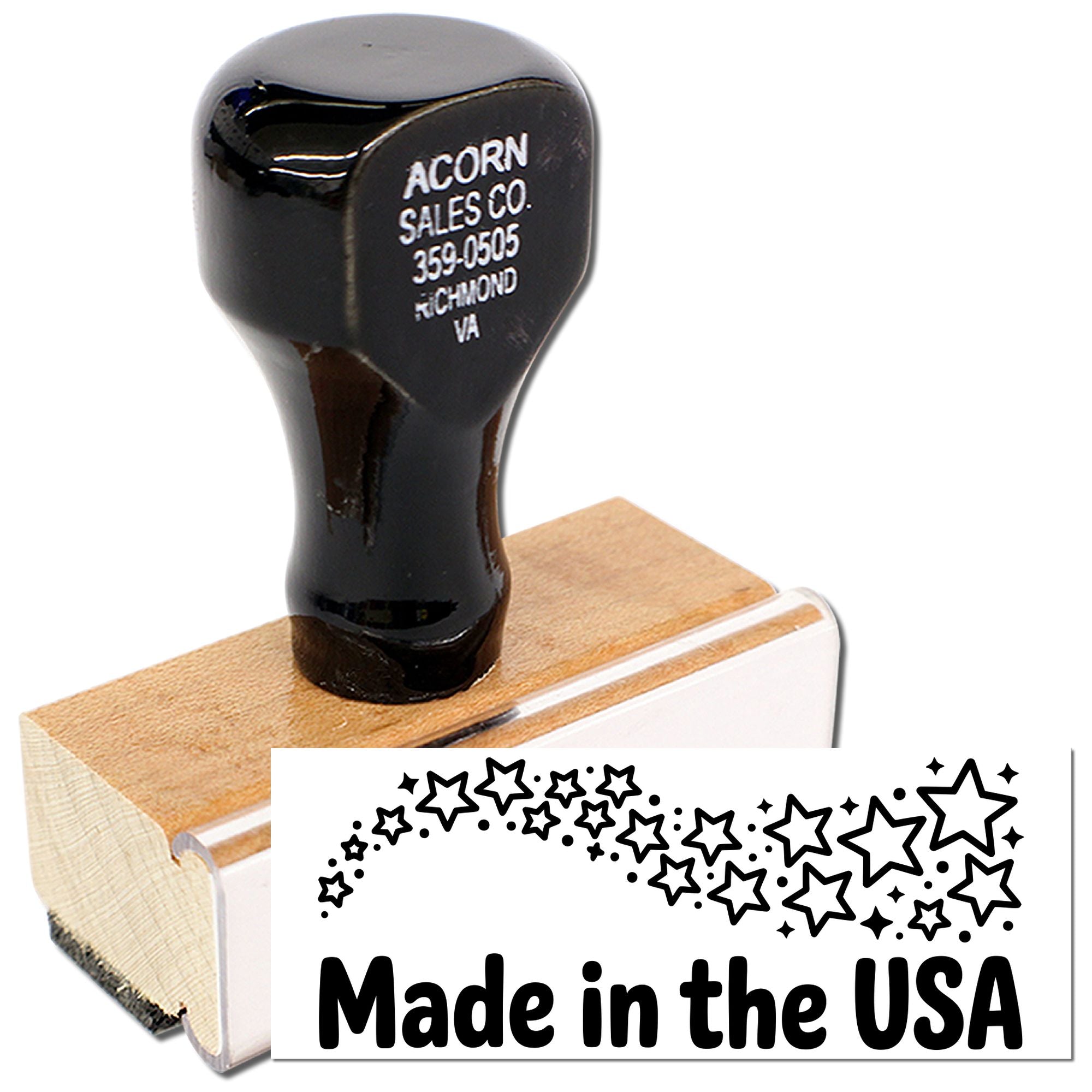 Custom Made in the USA rubber stamp with star border for branding American-made products and packaging.