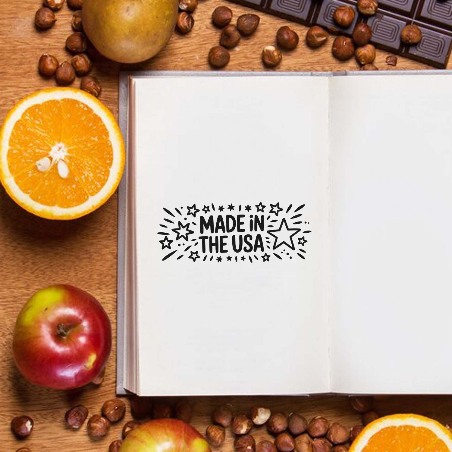 Made in the USA custom rubber stamp impression on an open notebook, a patriotic branding mockup for packaging and crafts.