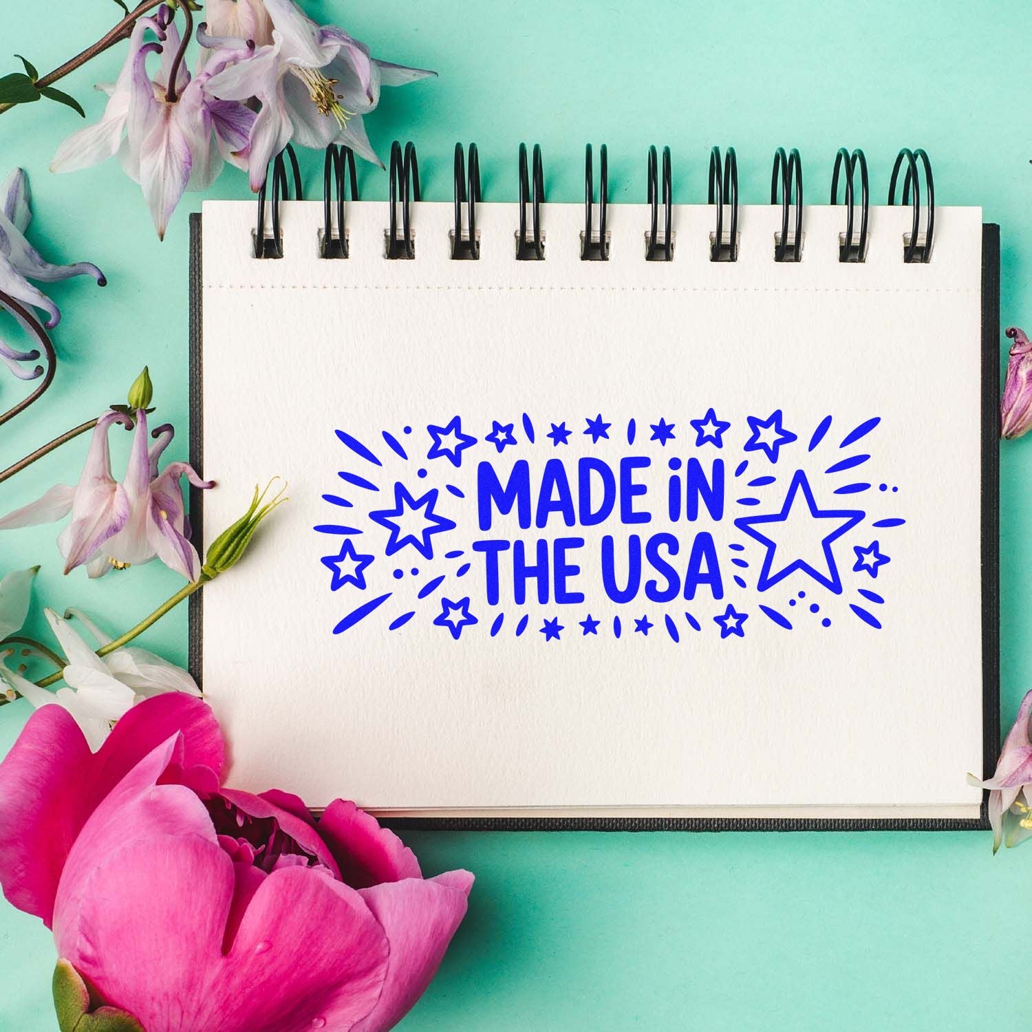 Made in the USA rubber stamp design with stars, perfect for patriotic packaging, handmade products, and craft branding.