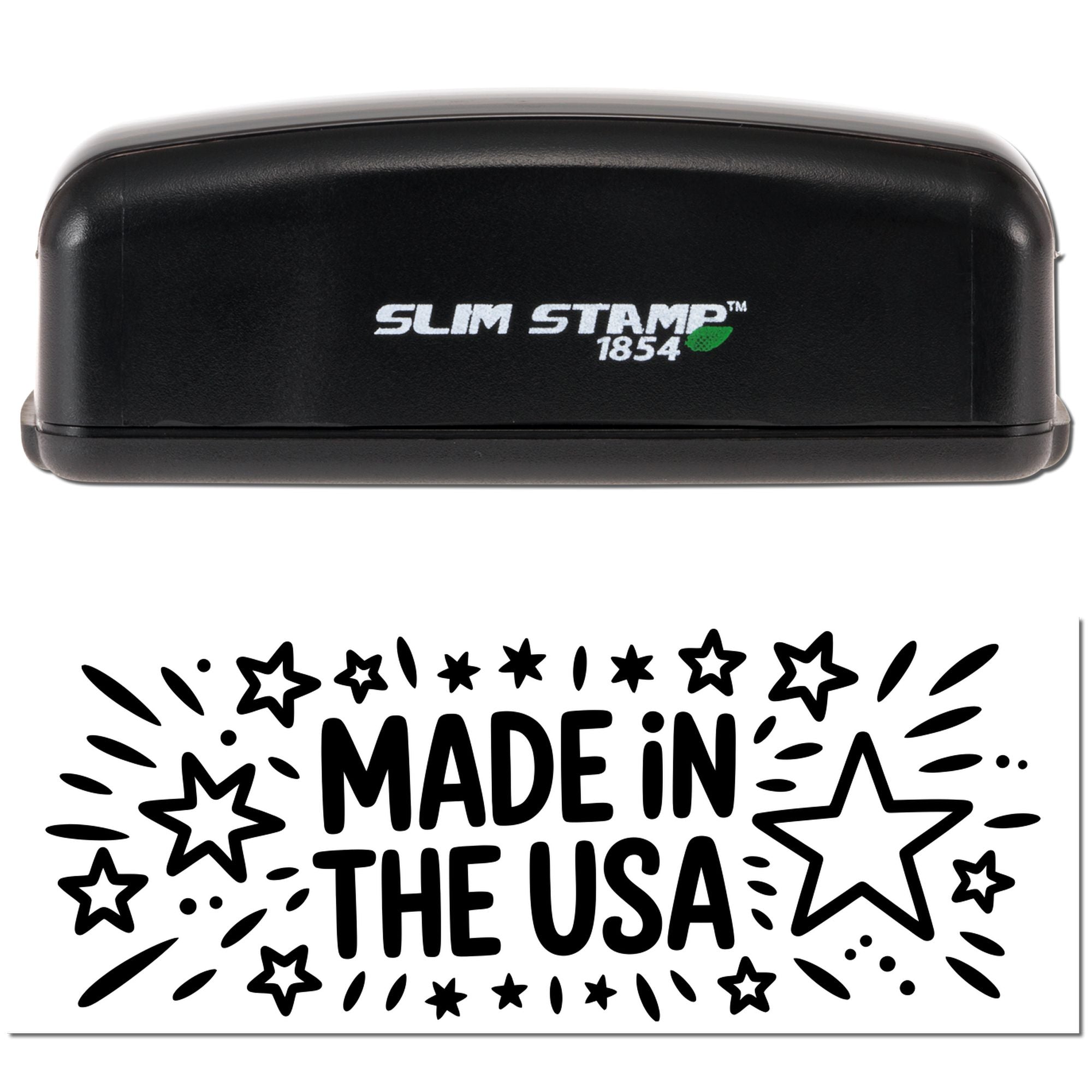 Slim Stamp self-inking rubber stamp with Made in the USA star design for patriotic product labeling and packaging.