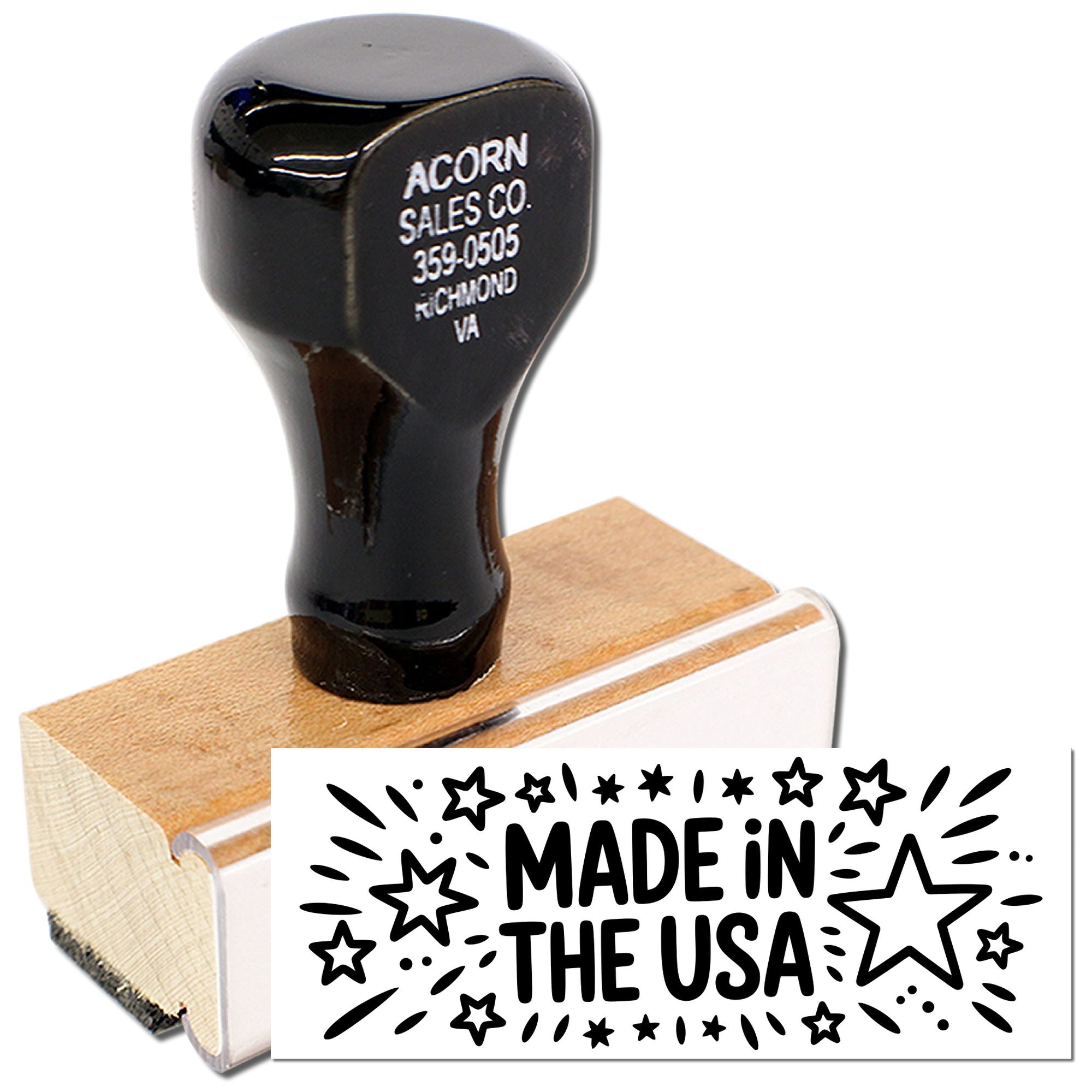 Custom wood handle rubber stamp with Made in the USA design for product branding and packaging.