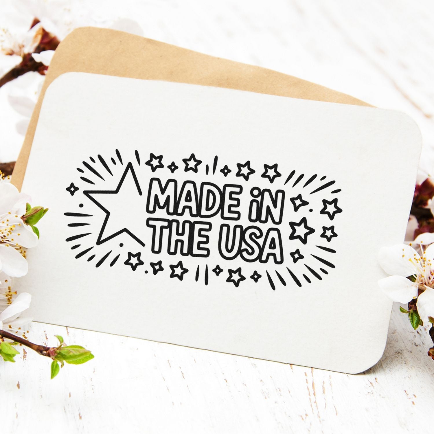 Made in the USA rubber stamp design with stars, ideal for product packaging, handmade goods, and patriotic branding.