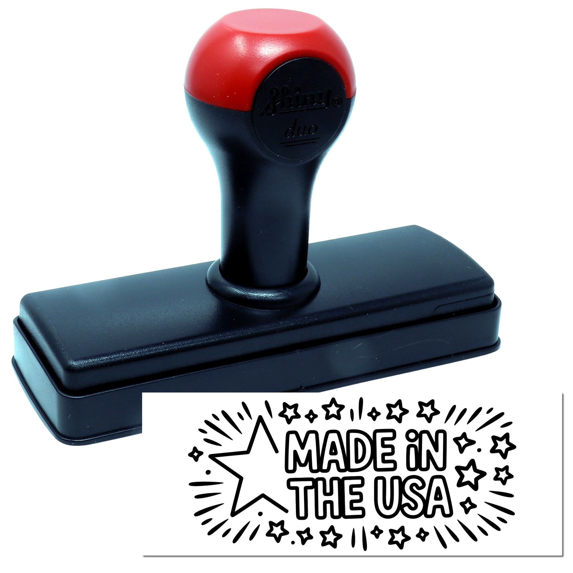 Self-inking rubber stamp with Made in the USA imprint for custom business packaging and product labeling.