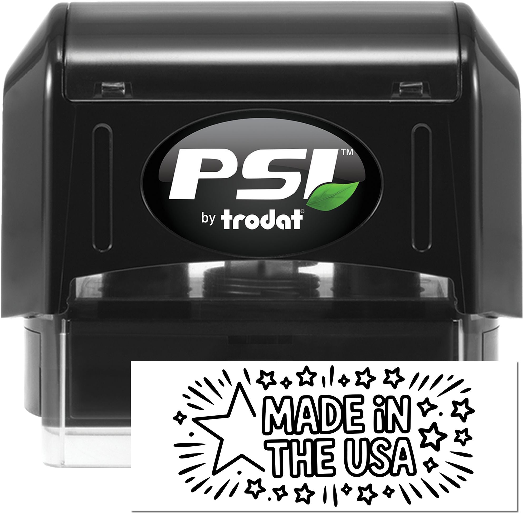 PSI by Trodat custom self-inking rubber stamp with Made in the USA design for branding, packaging, and business use.