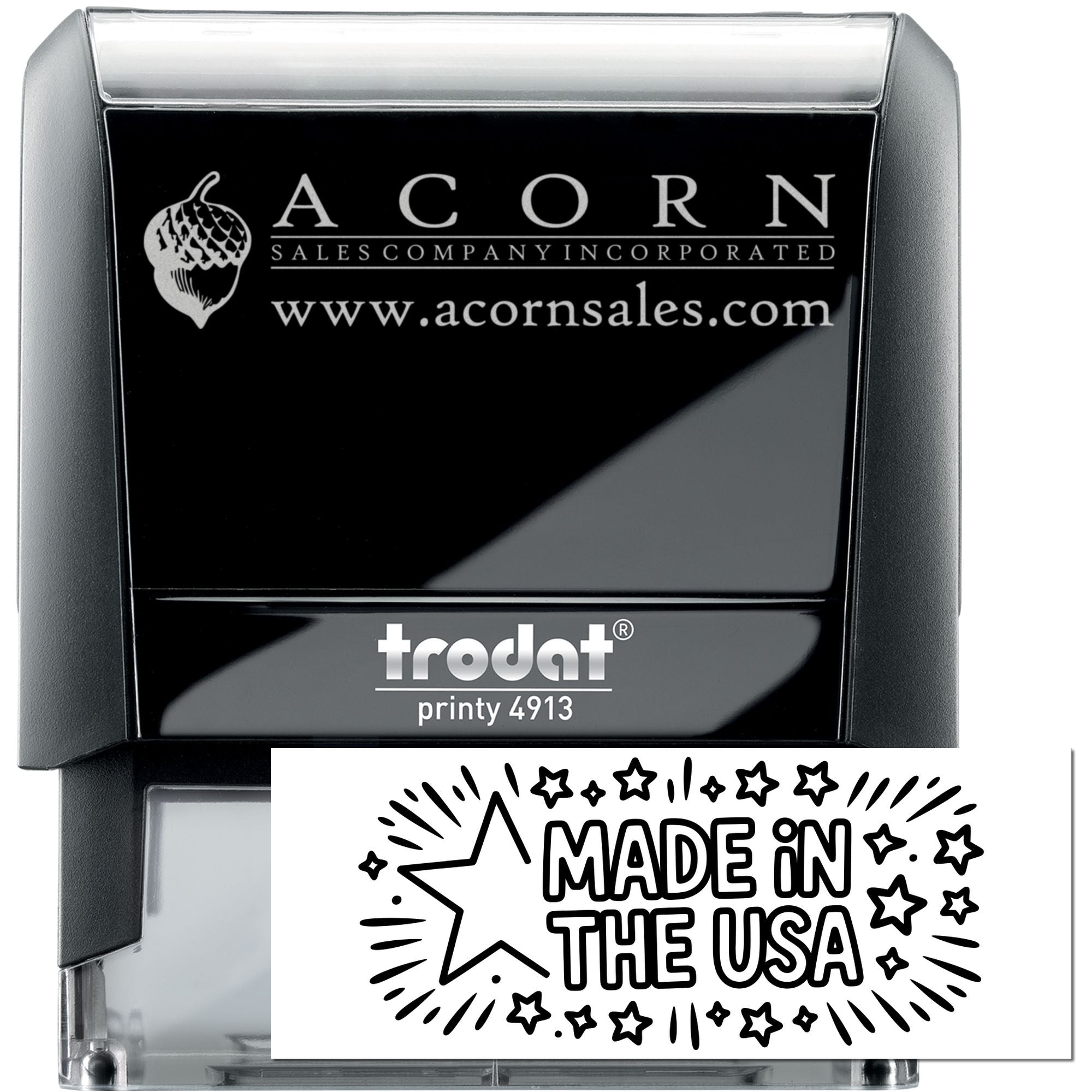 Custom self-inking rubber stamp for business branding, Acorn Sales logo and website, Trodat Printy 4913, Made in USA design.