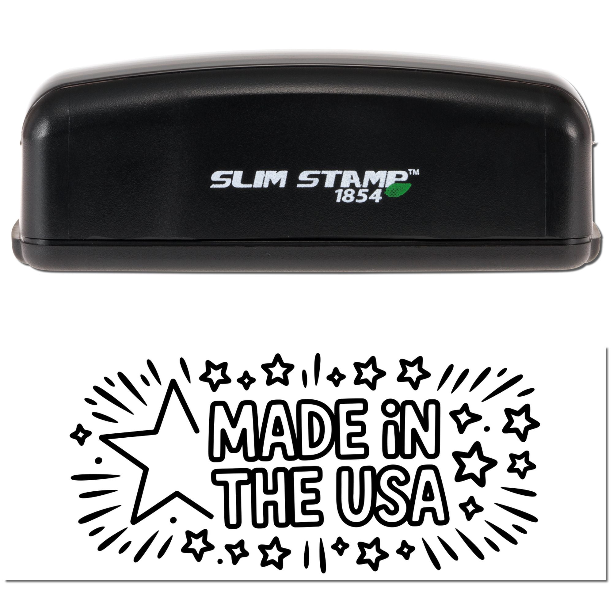 Slim Stamp 1854 self-inking rubber stamp printing a Made in the USA design for product packaging and branding.