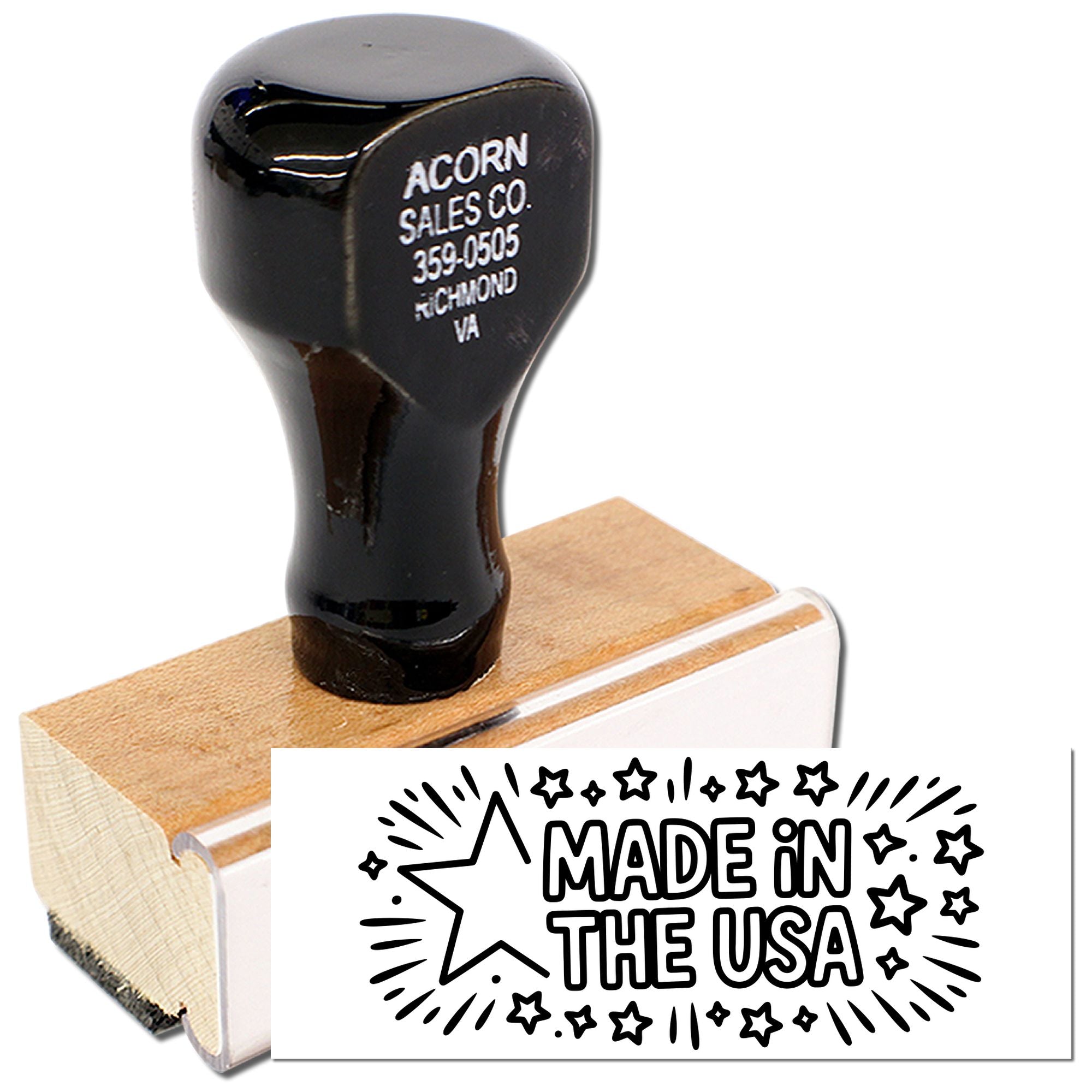Custom rubber stamp with wood handle and Made in the USA design, ideal for branding packaging and products.