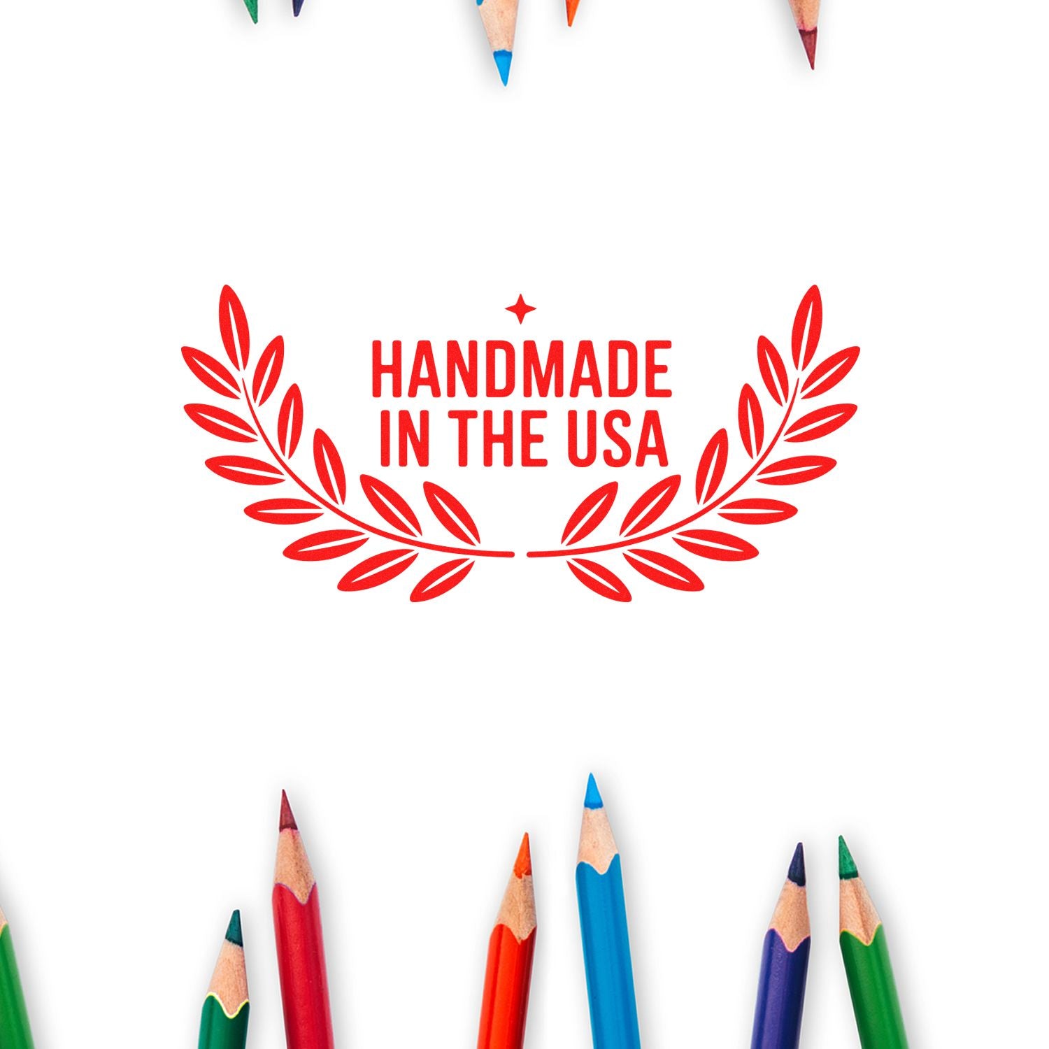 Handmade in the USA rubber stamp design with laurel wreath, ideal for American-made crafts, packaging, and product labels.