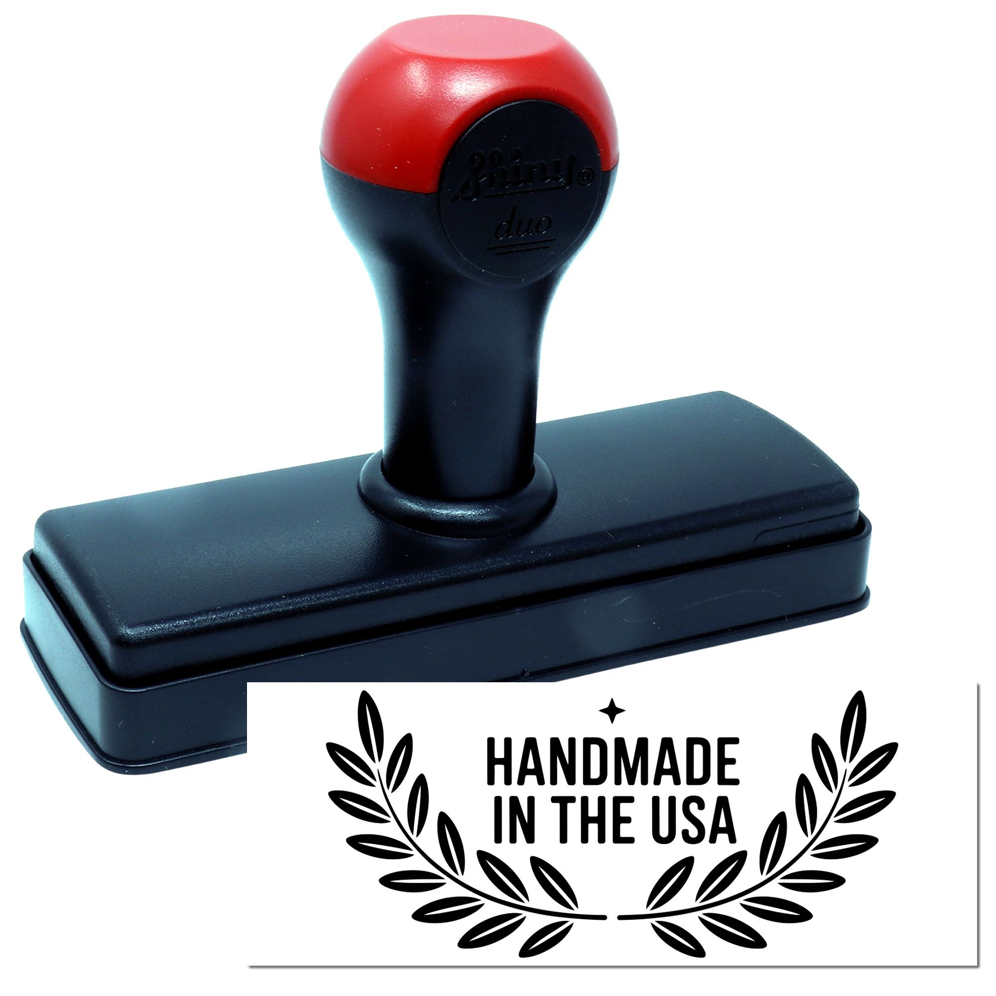 Handmade in the USA self-inking rubber stamp for artisan products, packaging, and branding.